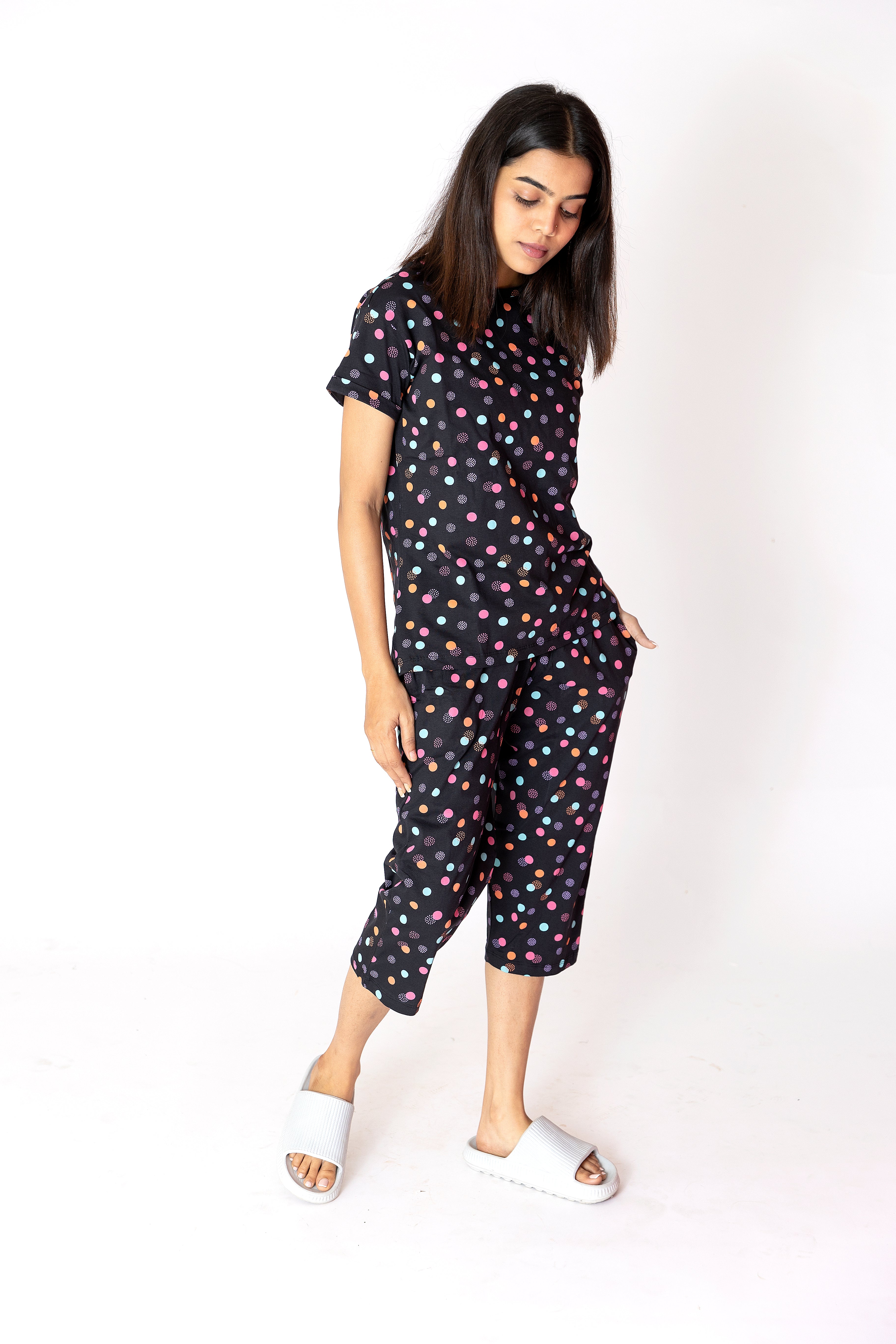 Black Colourful Dots Womens Nightwear Capri Set