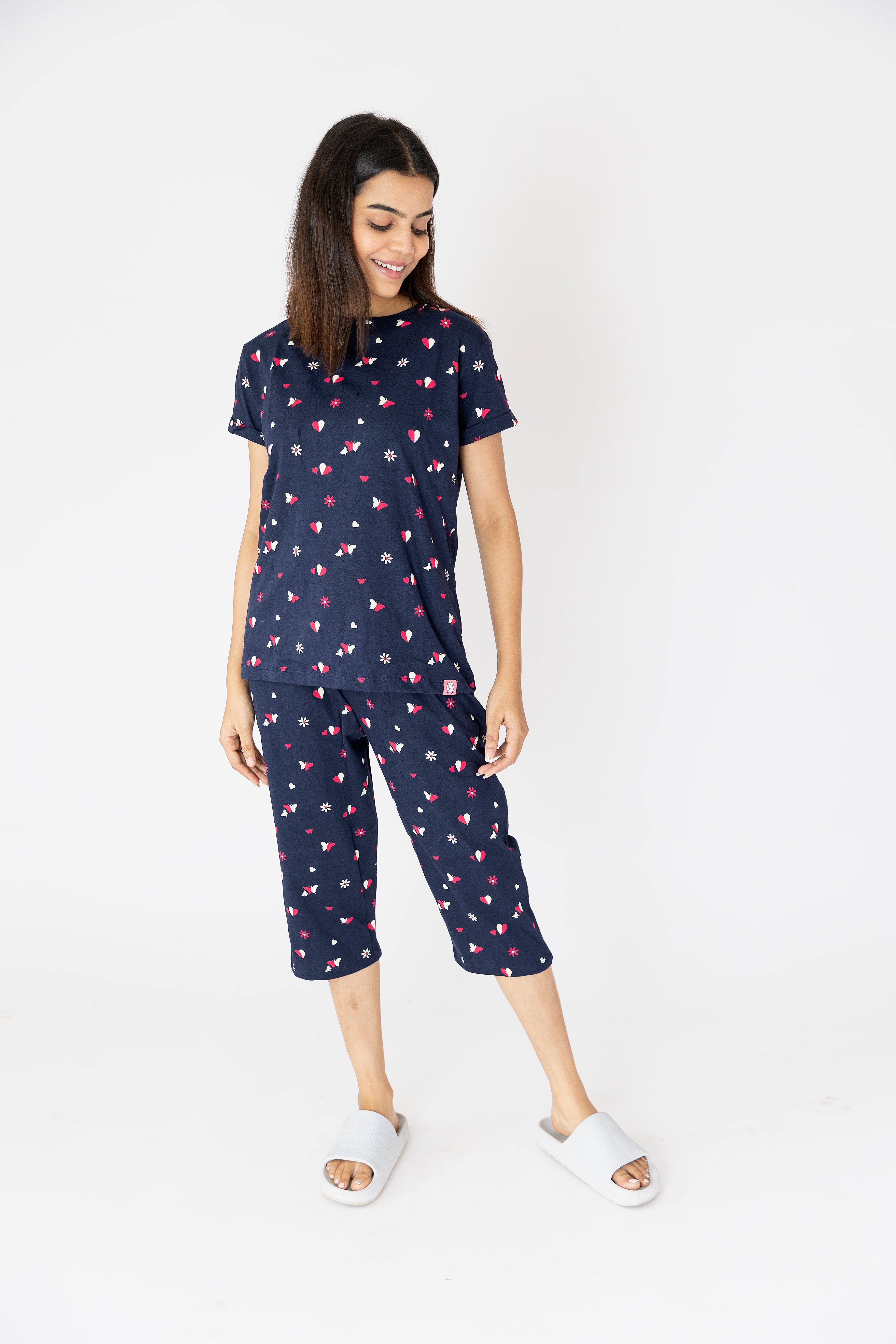 Hearts & Butterfly Print Navy Blue Womens Nightwear Capri Set