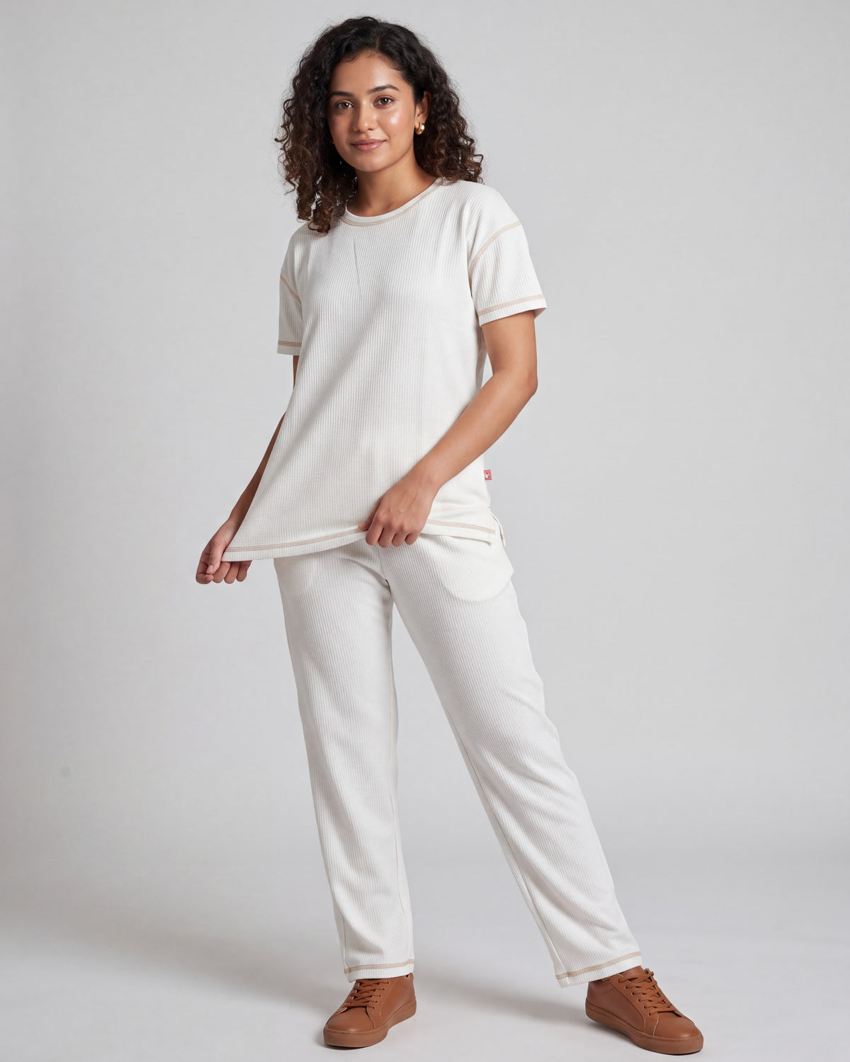 Ivory Drop Shoulder Textured Loungewear Set