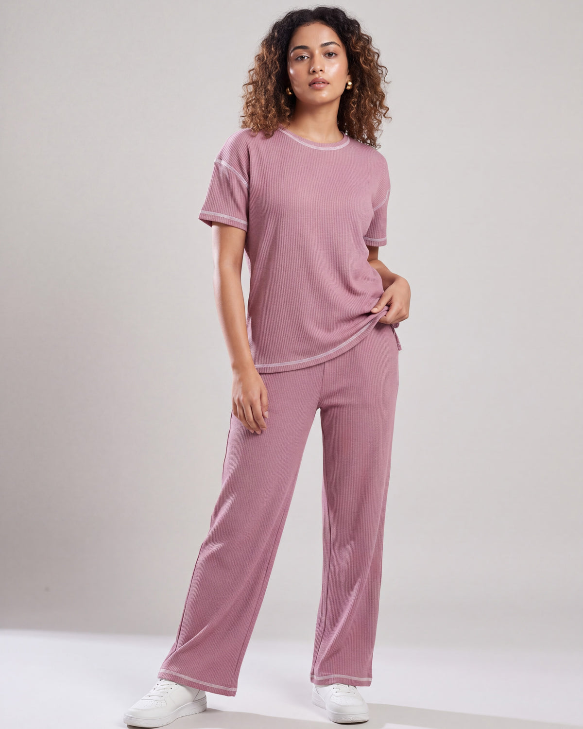 Rose Pink Drop Shoulder Textured Loungewear Set