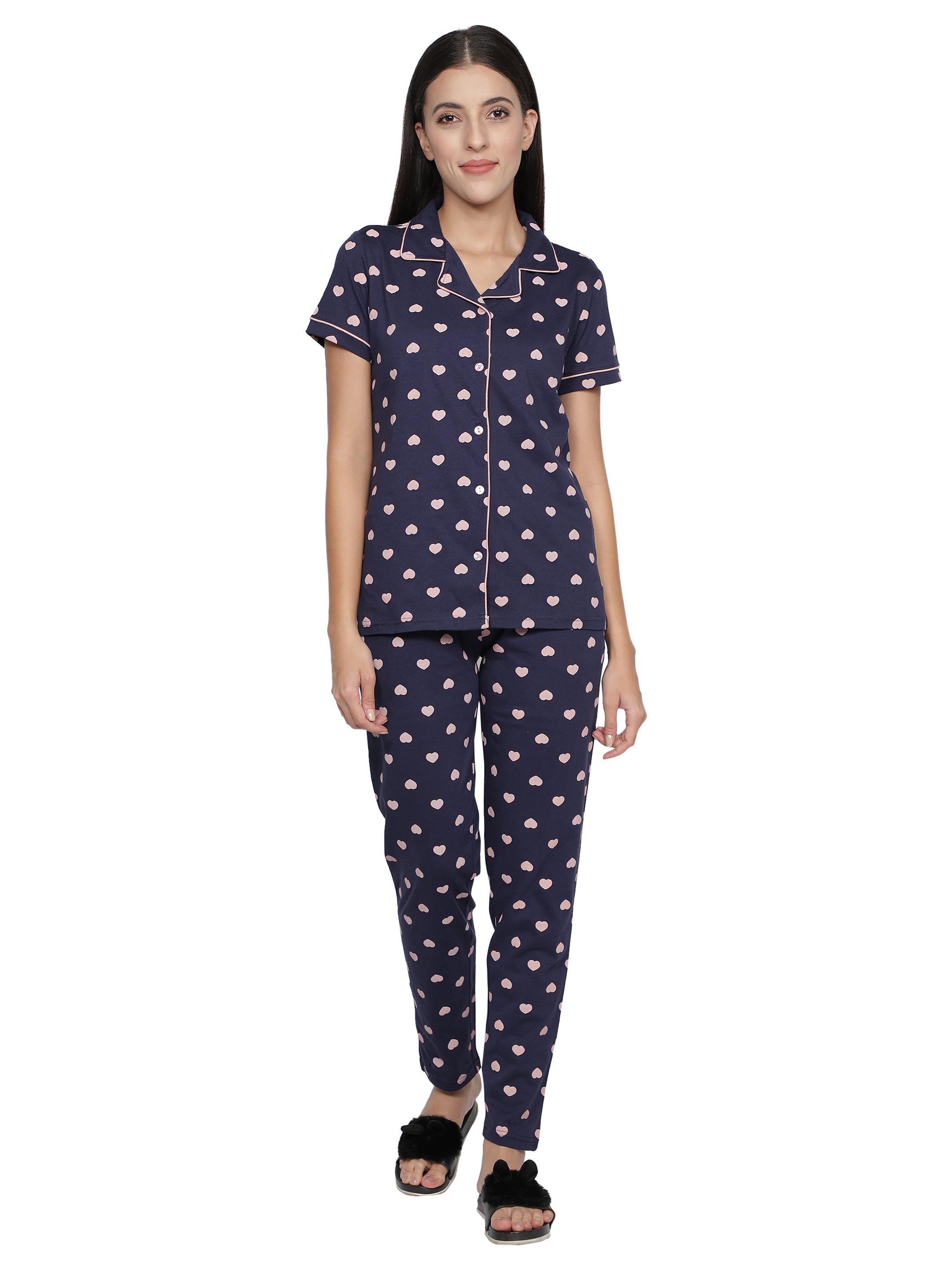 Women's Navy Pink Heart Collar Style PJ Set - Sophisticated & Comfortable Sleepwear