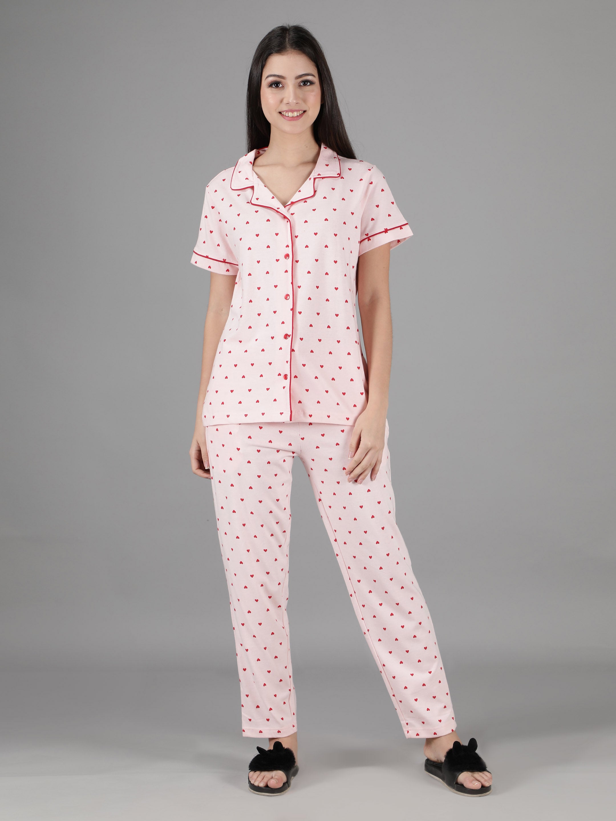 Women's Pink Red Hearts Collar Style PJ Set - Lovely & Comfortable Sleepwear