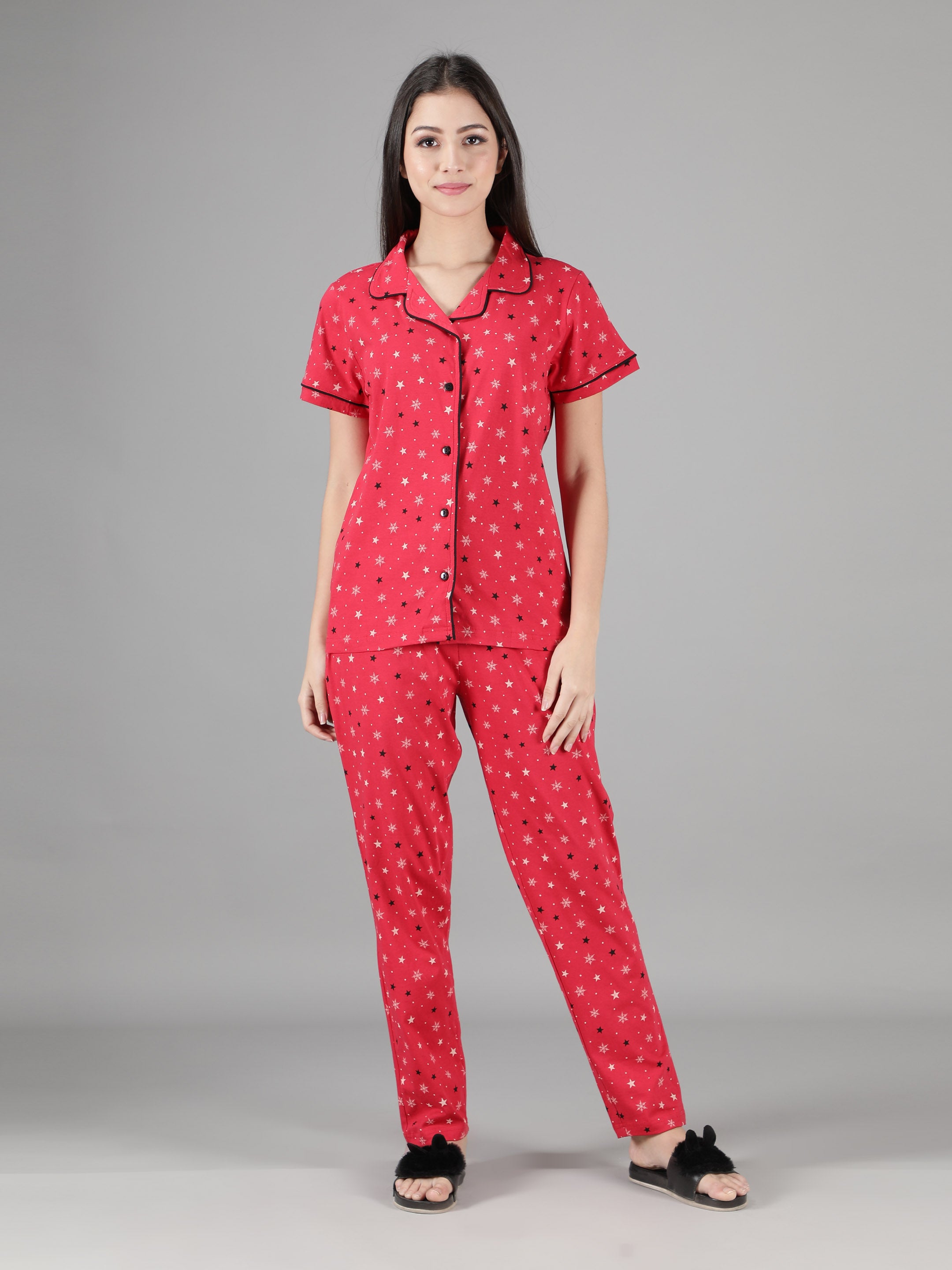 Women's Red Star Collar Style PJ Set - Celestial & Comfortable Sleepwear