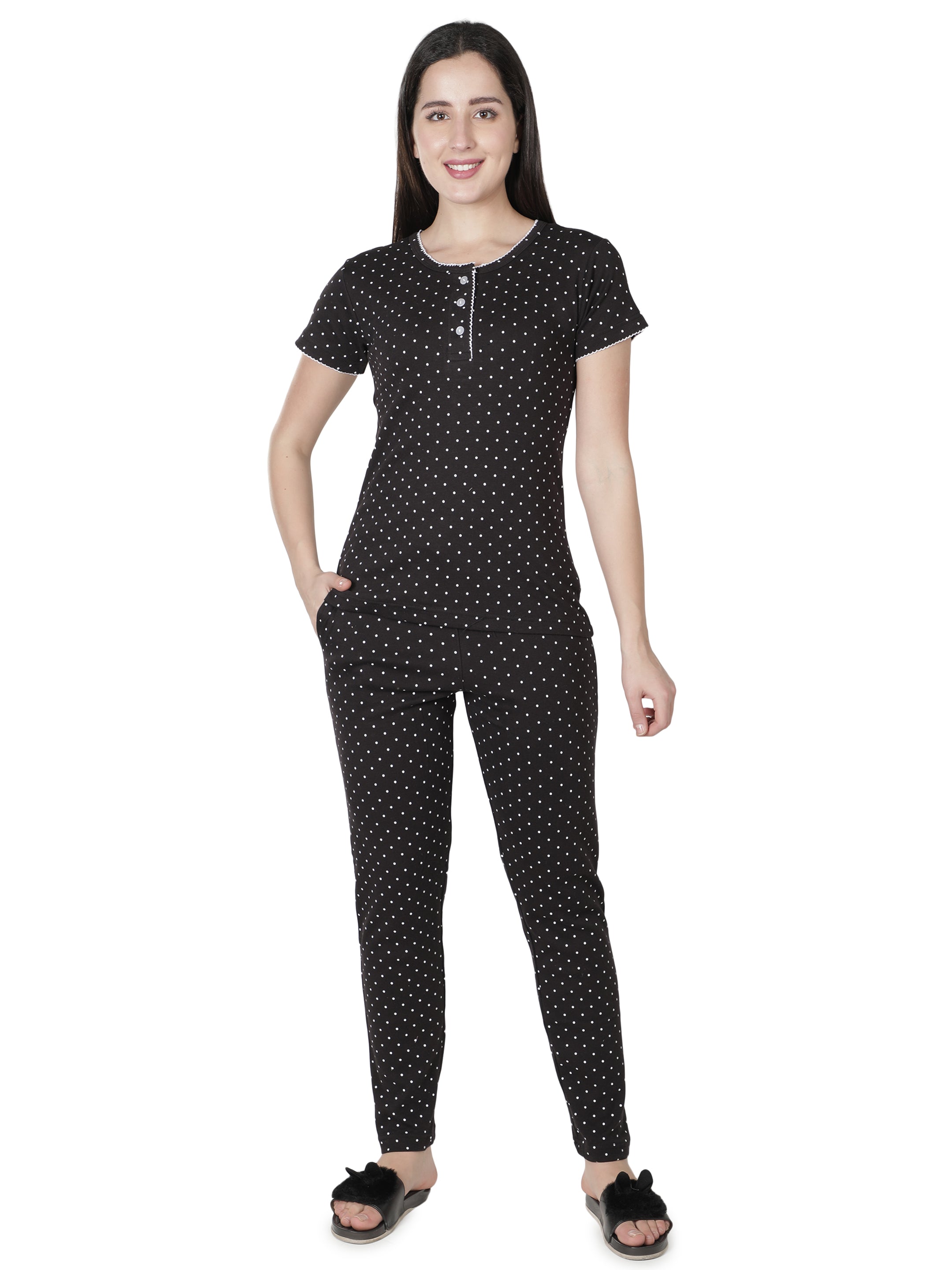 Women's Black Polka Dot Round Neck Pyjama Set - Timeless Elegance in Nightwear