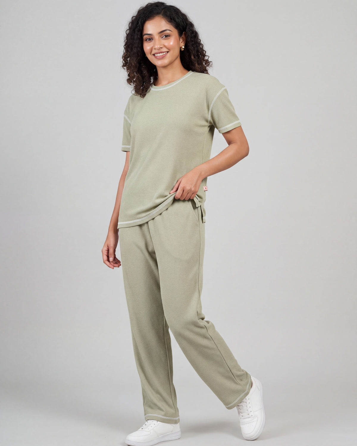 Sage Green Drop Shoulder Textured Loungewear Set