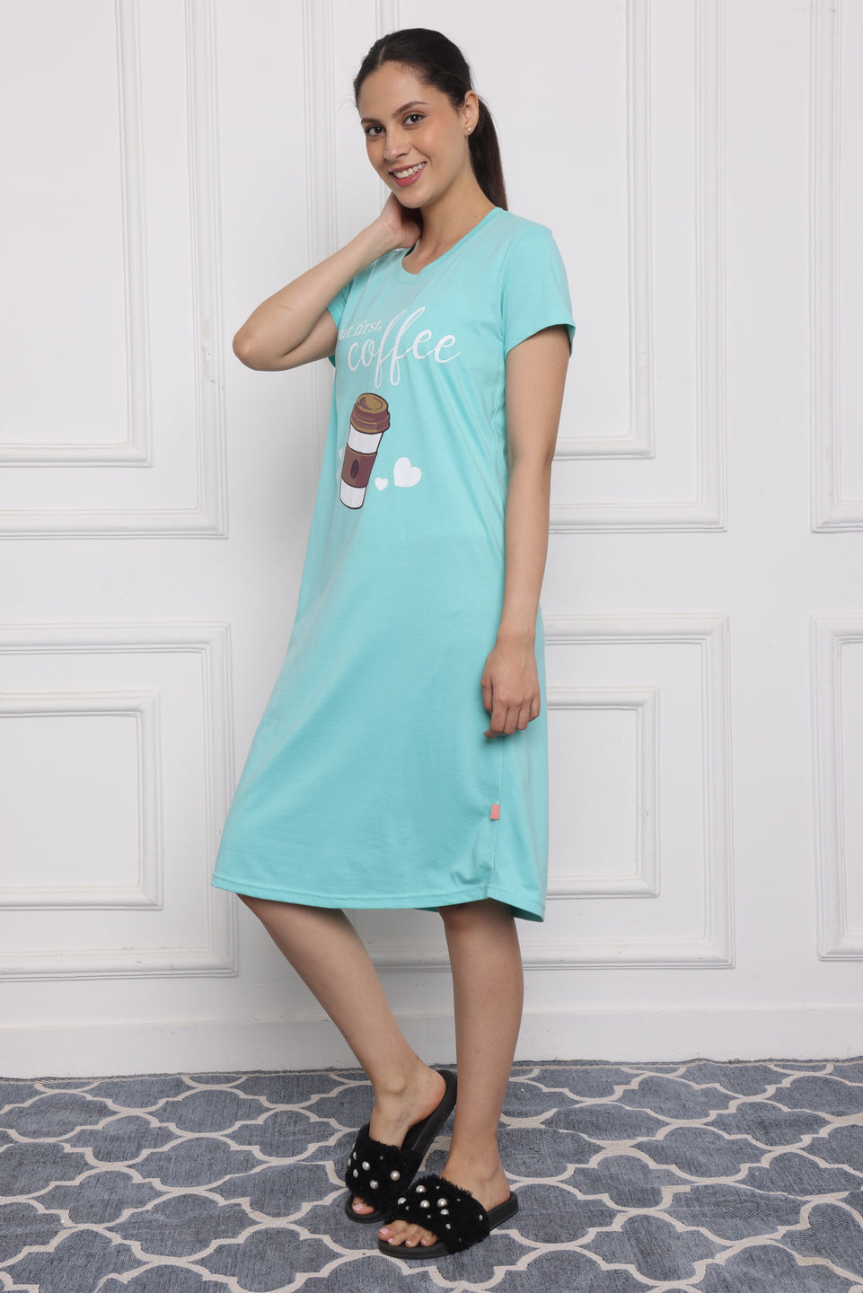 Women's Aqua Blue Cotton Nightdress – "But First, Coffee" Print | Relaxed Fit Hosiery Sleepwear with Pockets