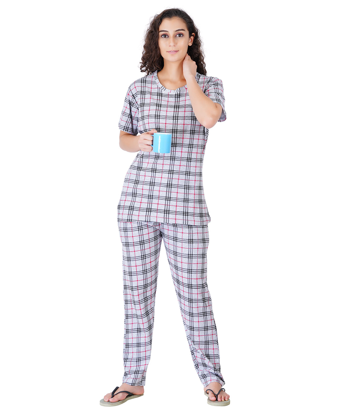 Label My Womens Grey Burberry Roud Neck PJ Set