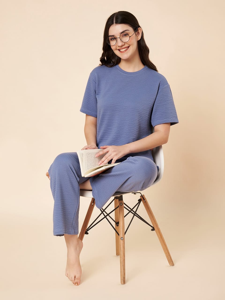 Women’s Blue Cotton Loungewear Set – Drop Shoulder Top & Full-Length Pants