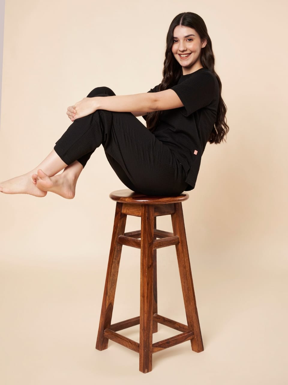 Women’s Black Cotton Loungewear Set – Drop Shoulder Top & Full-Length Pant