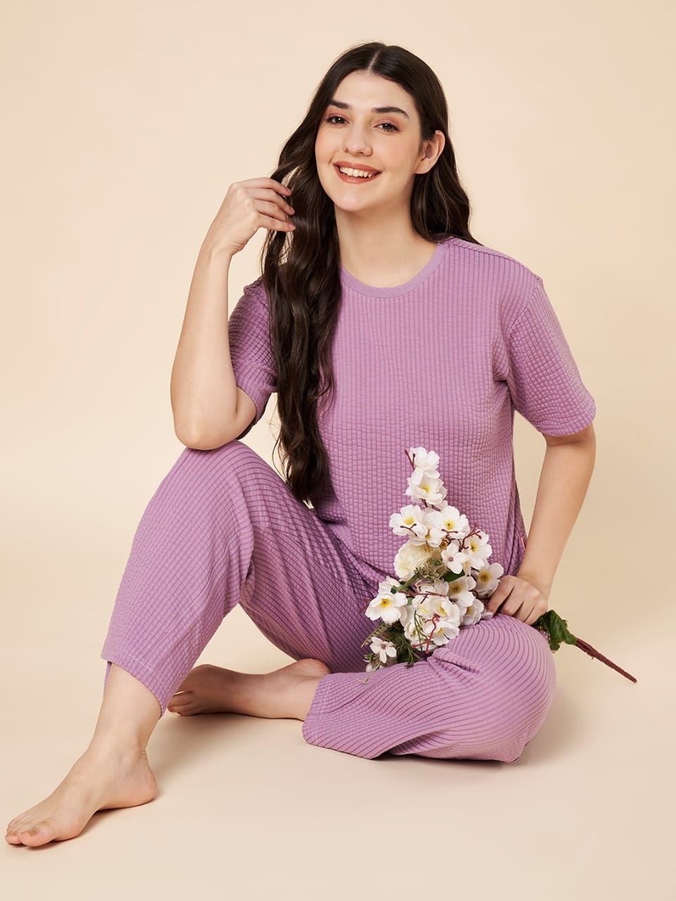Women’s Lavender Ribbed Cotton Loungewear Set – Drop Shoulder Top & Full-Length Pants