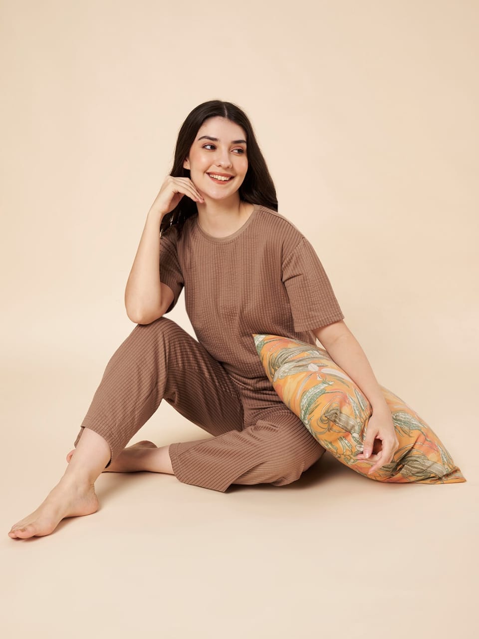 Women’s Mocha Ribbed Cotton Loungewear Set – Drop Shoulder Top & Full-Length Pants