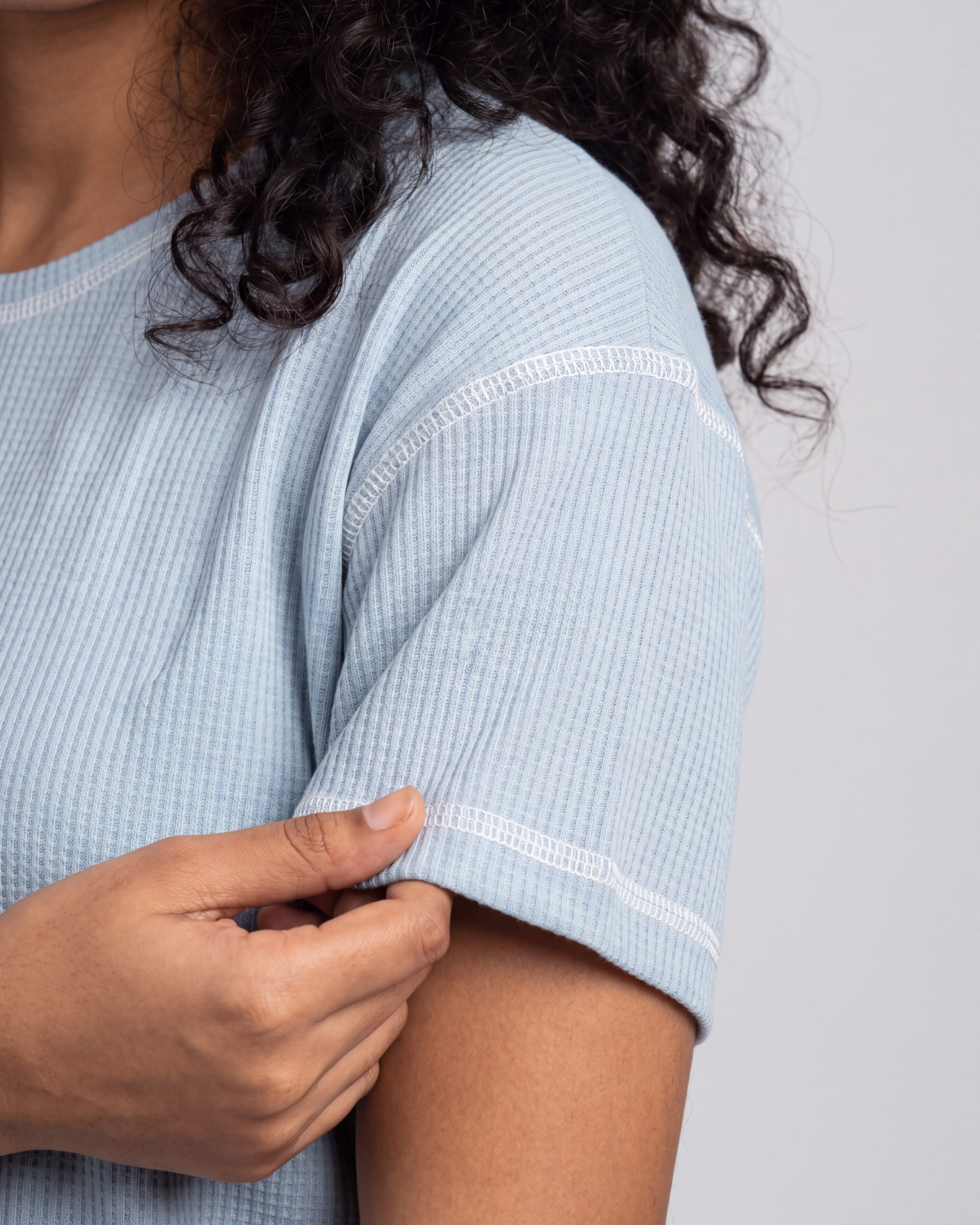 Powder Blue Drop Shoulder Textured Loungewear Set