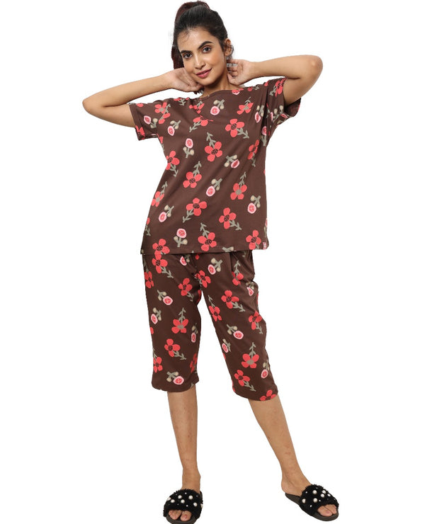 Chocolate Brown Floral Bloom with Pink Accents Womens Nightwear Capri Set