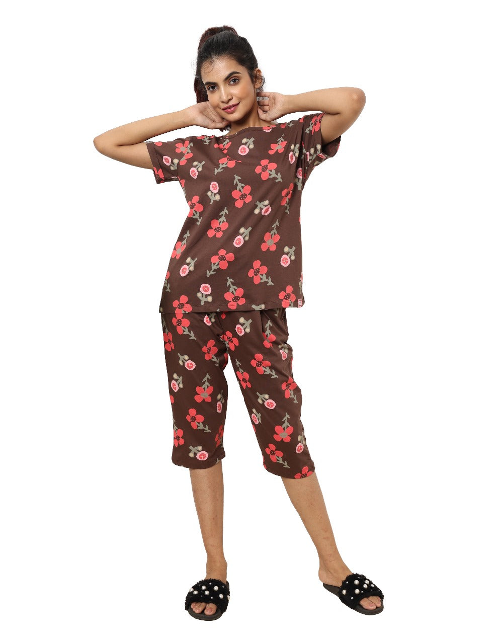 Chocolate Brown Floral Bloom with Pink Accents Womens Nightwear Capri Set