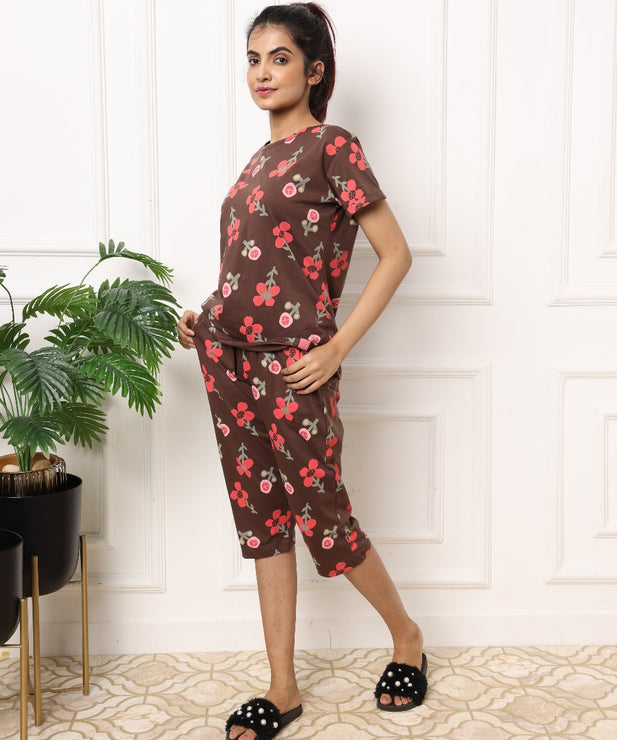 Chocolate Brown Floral Bloom with Pink Accents Womens Nightwear Capri Set