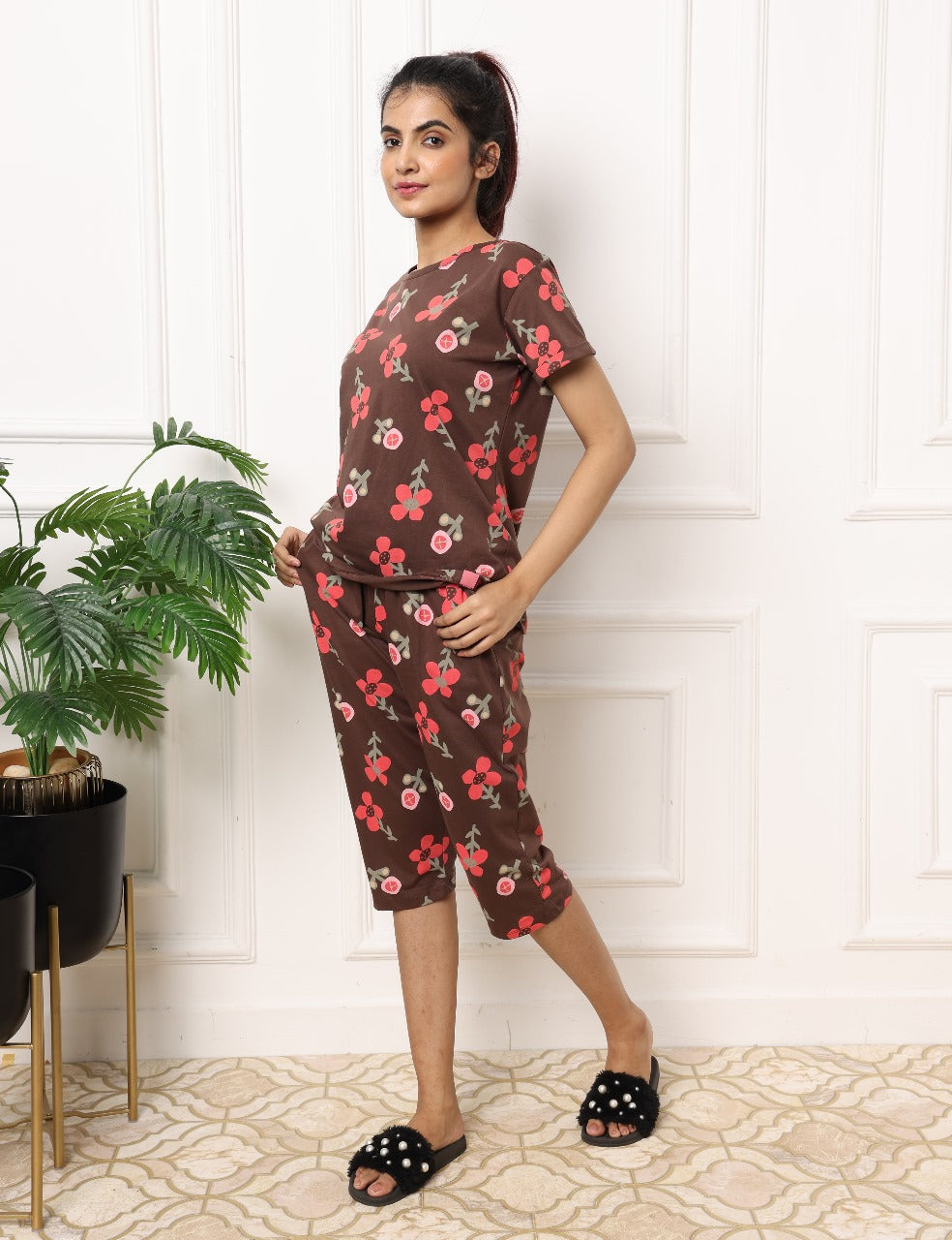 Chocolate Brown Floral Bloom with Pink Accents Womens Nightwear Capri Set