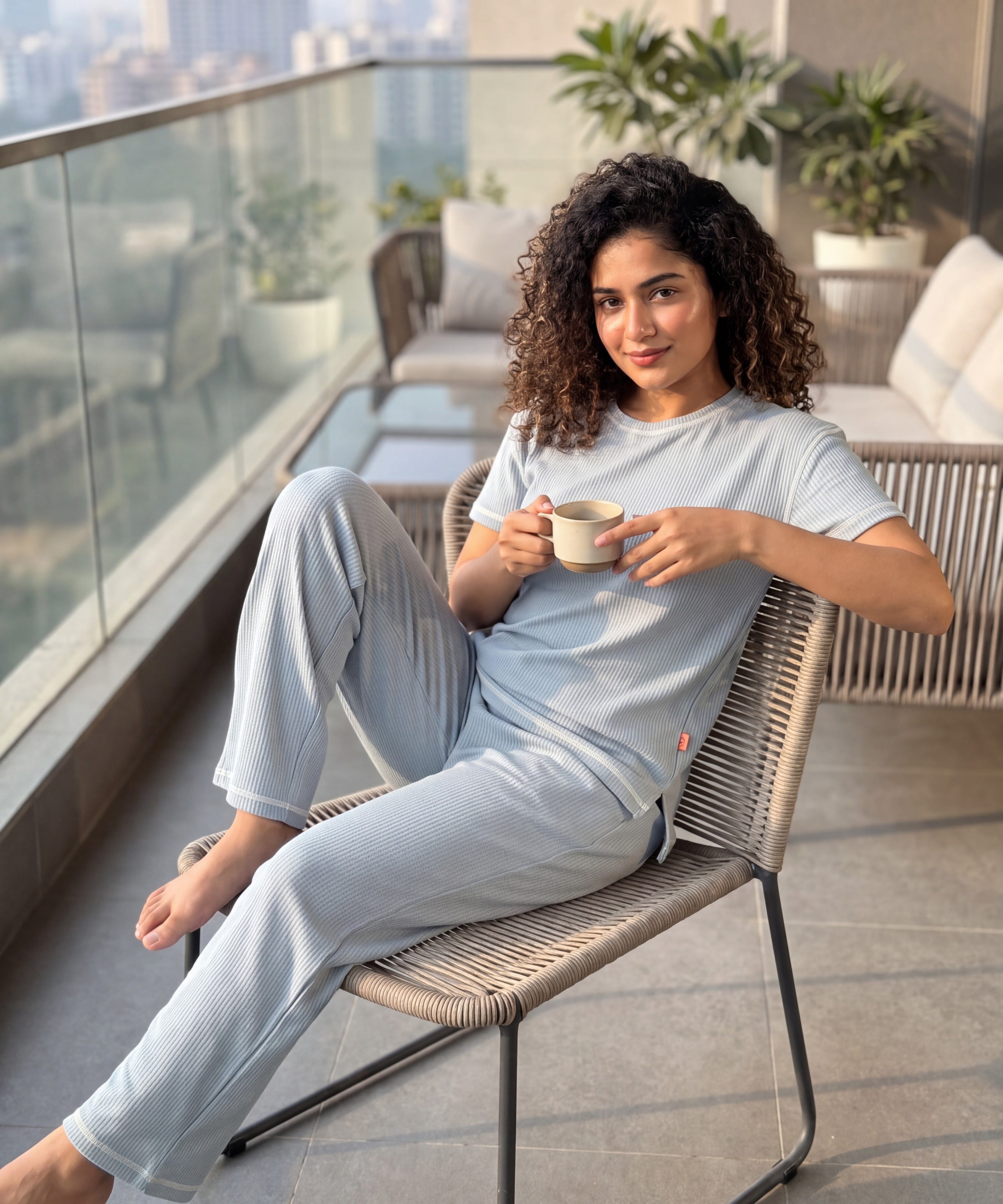 Powder Blue Drop Shoulder Textured Loungewear Set