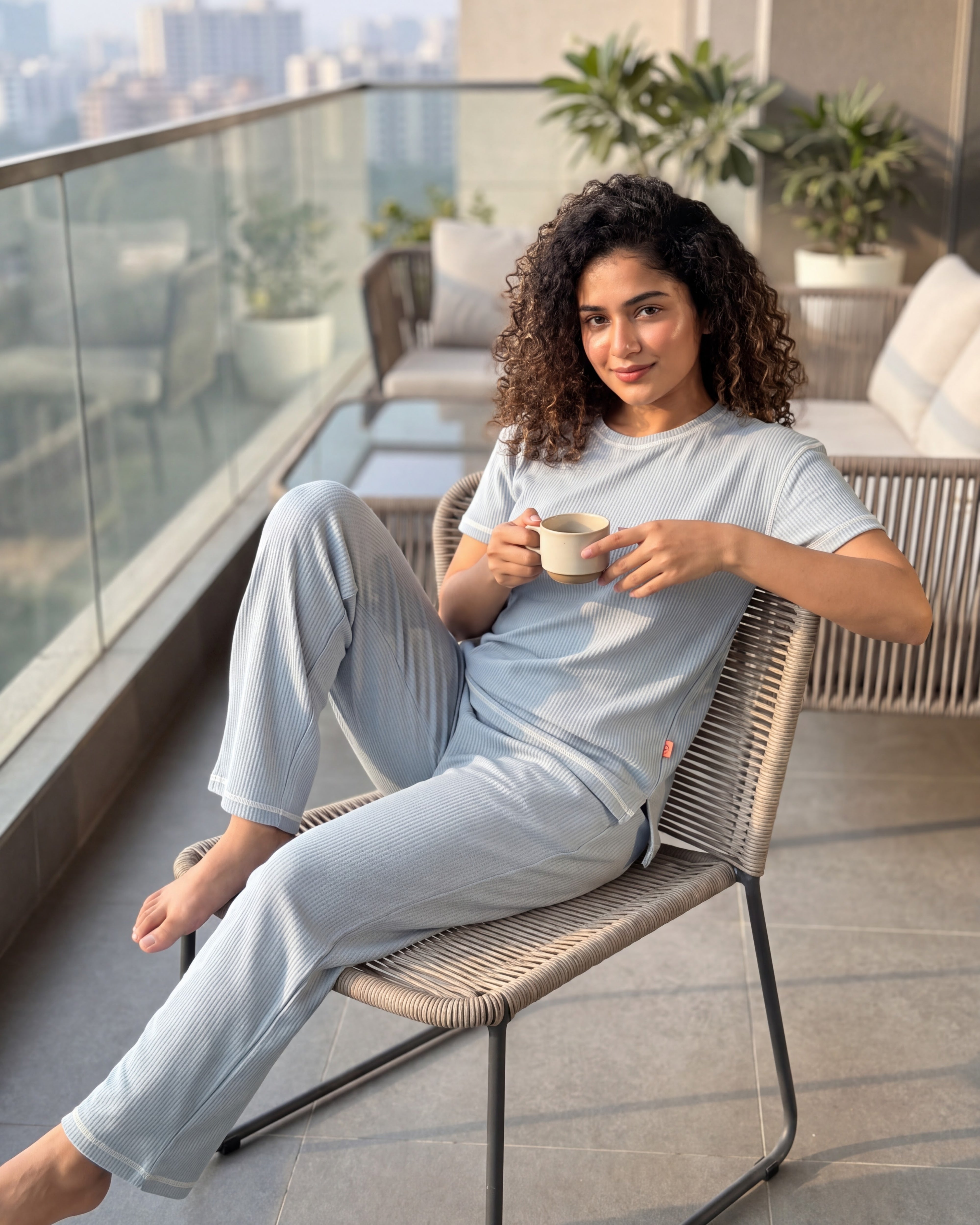 Powder Blue Drop Shoulder Textured Loungewear Set
