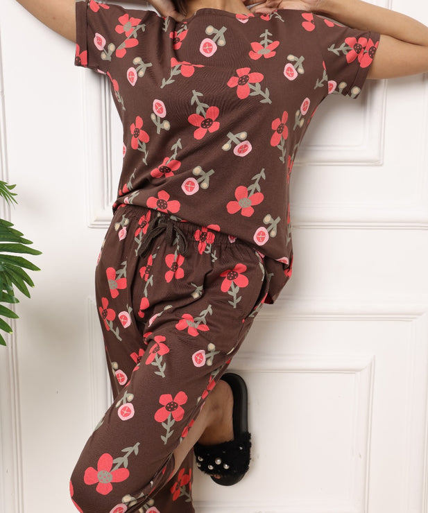 Chocolate Brown Floral Bloom with Pink Accents Womens Nightwear Capri Set