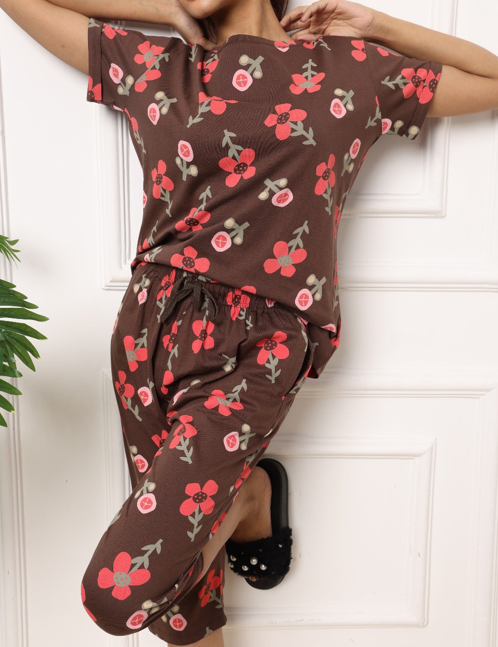 Chocolate Brown Floral Bloom with Pink Accents Womens Nightwear Capri Set