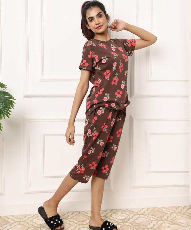 Chocolate Brown Floral Bloom with Pink Accents Womens Nightwear Capri Set