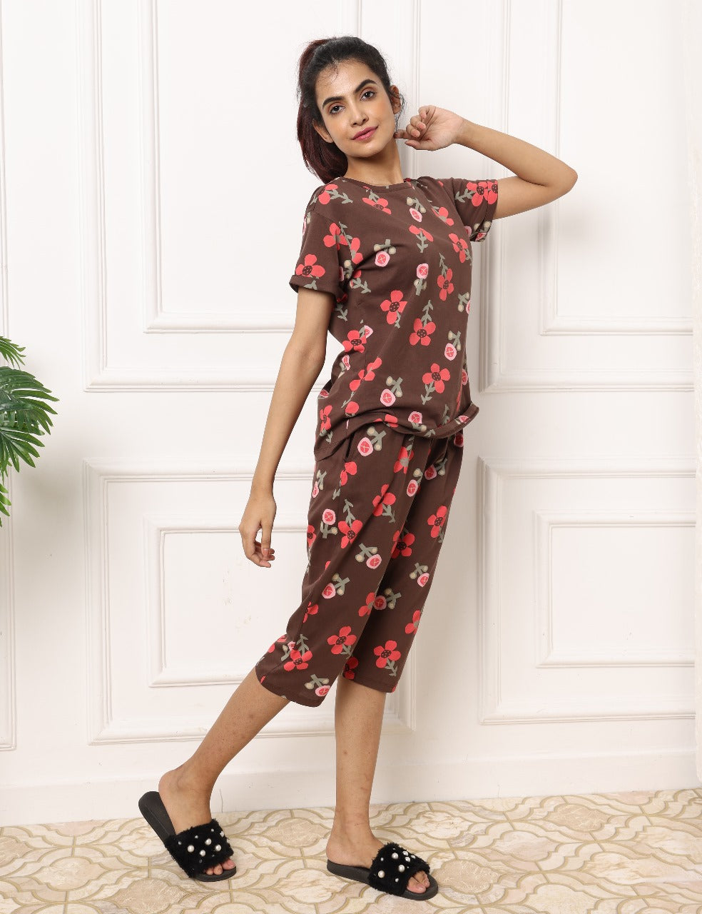 Chocolate Brown Floral Bloom with Pink Accents Womens Nightwear Capri Set