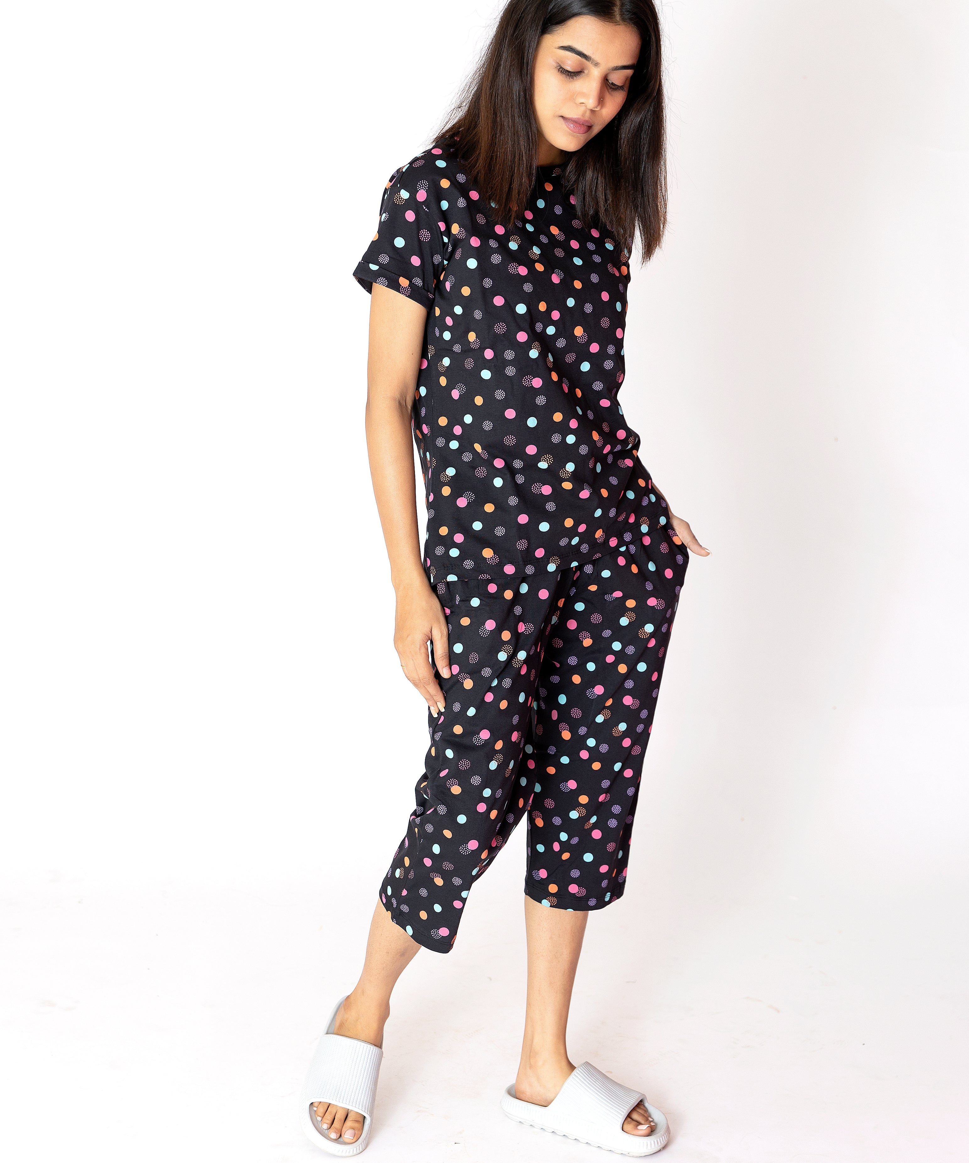 Black Colourful Dots Womens Nightwear Capri Set