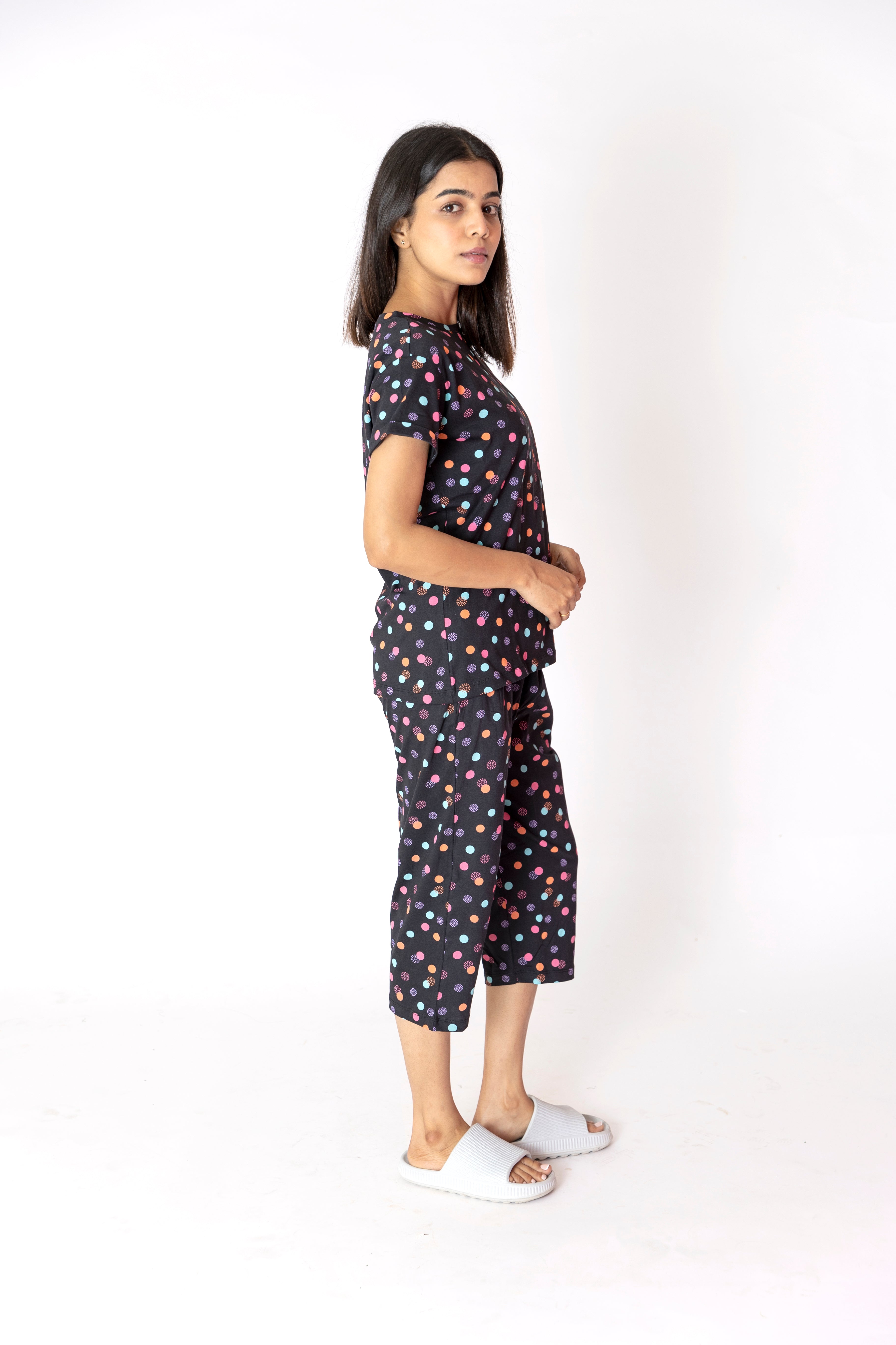 Black Colourful Dots Womens Nightwear Capri Set