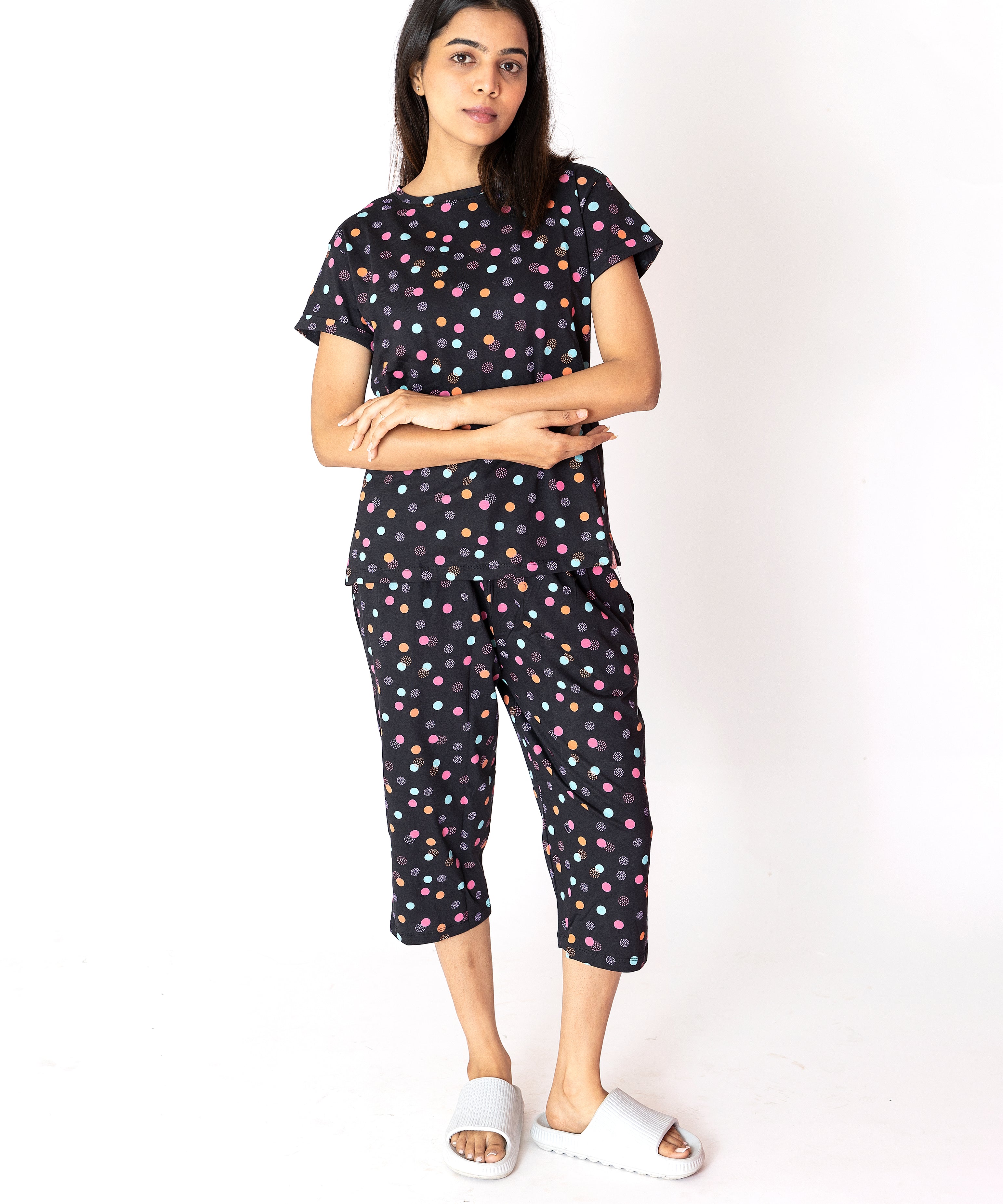 Black Colourful Dots Womens Nightwear Capri Set
