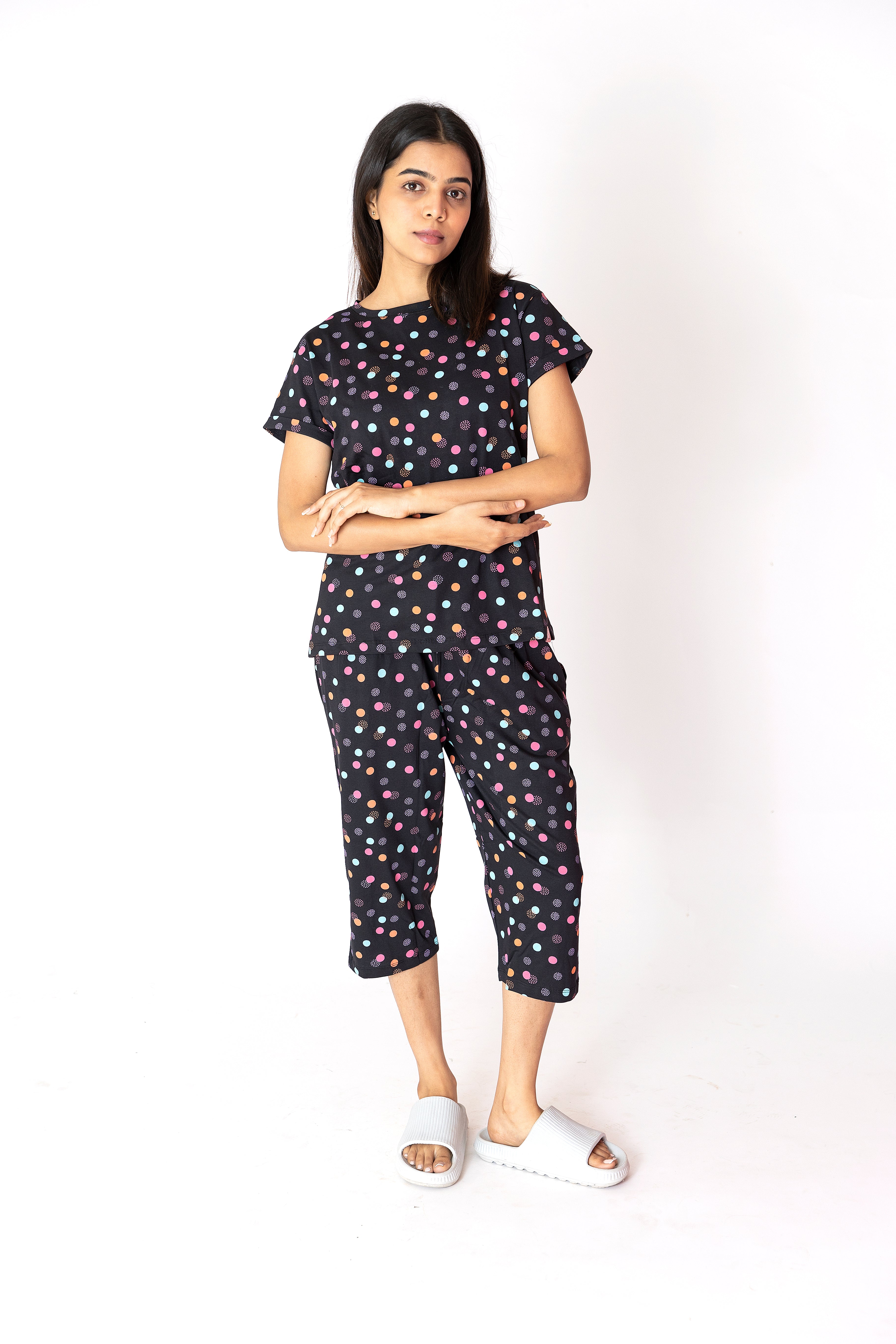 Black Colourful Dots Womens Nightwear Capri Set