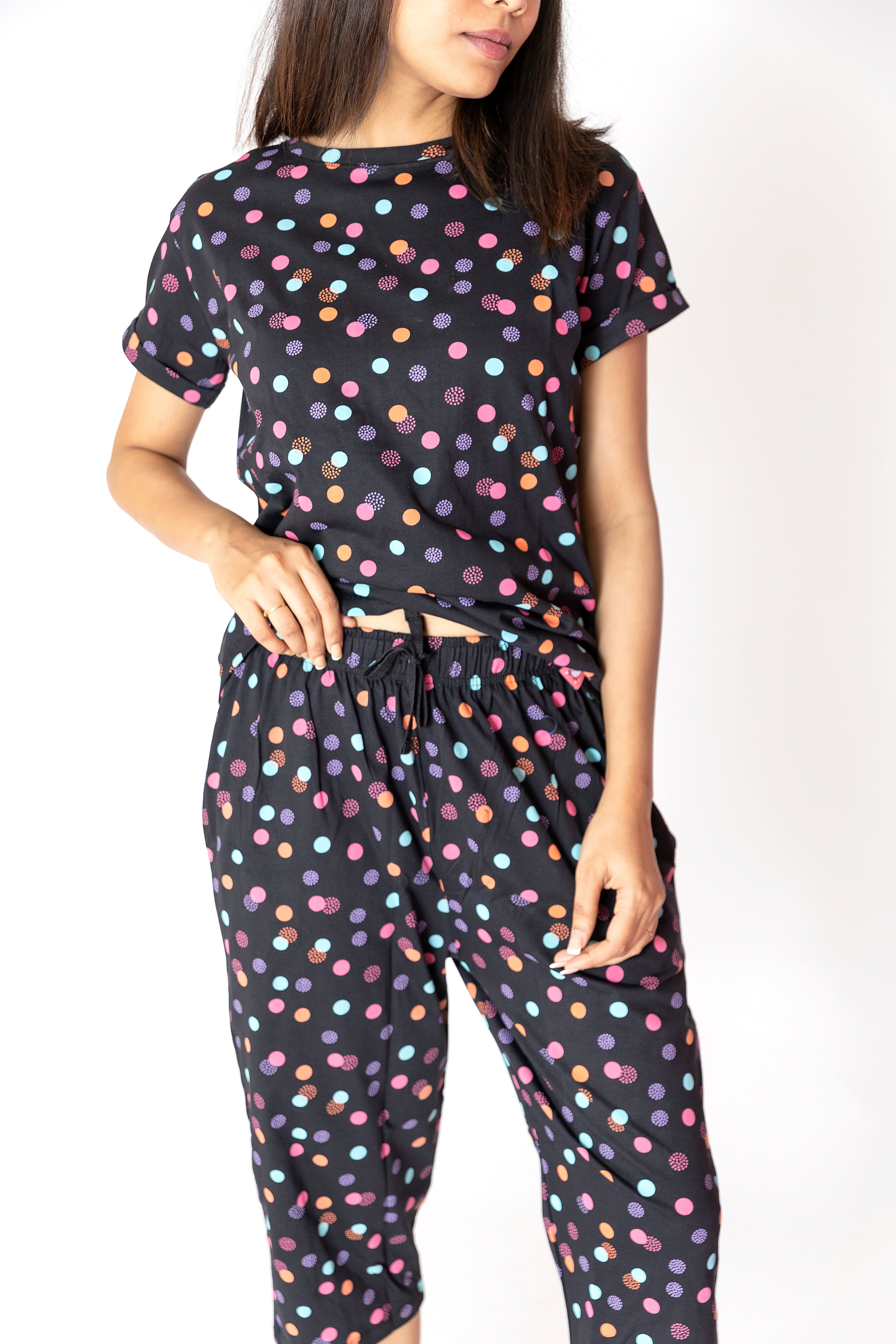 Black Colourful Dots Womens Nightwear Capri Set