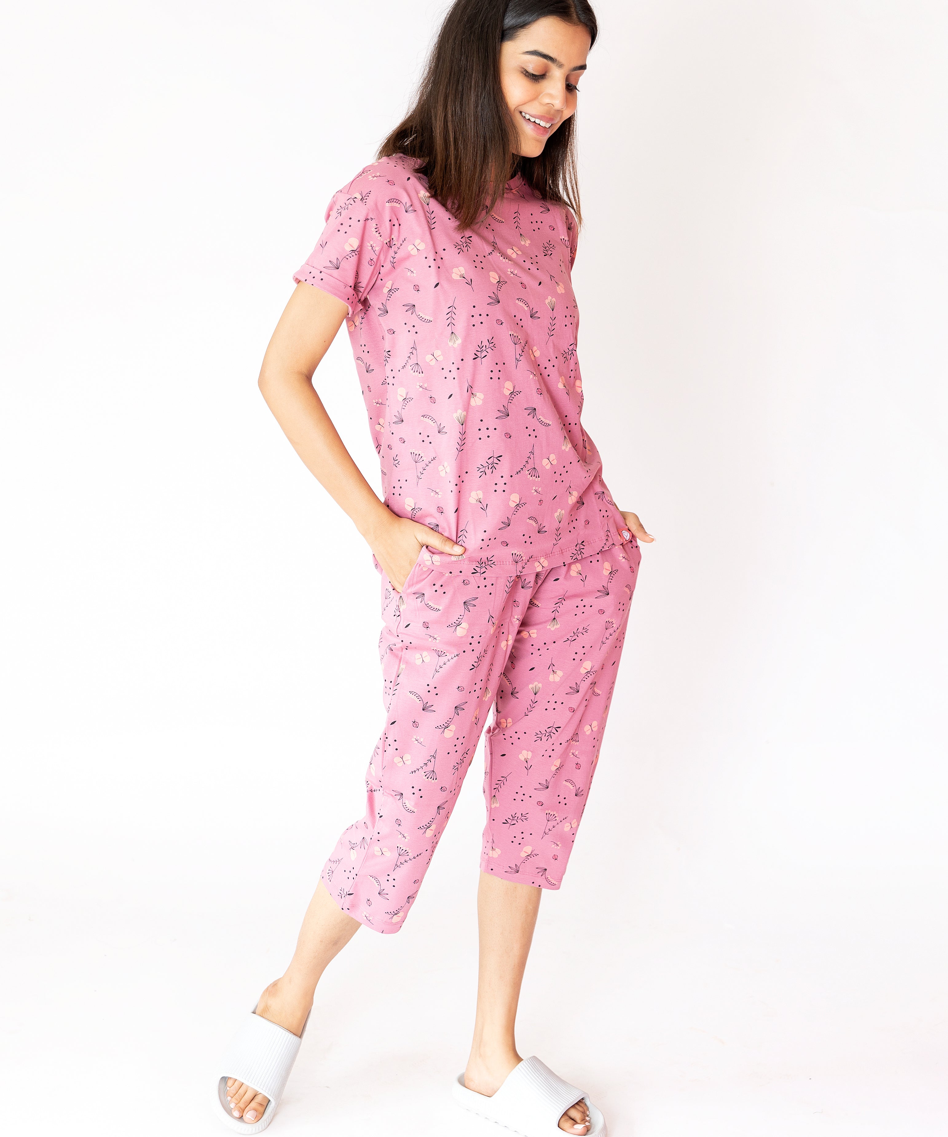 French Pink Floral Womens Nightwear Capri Set