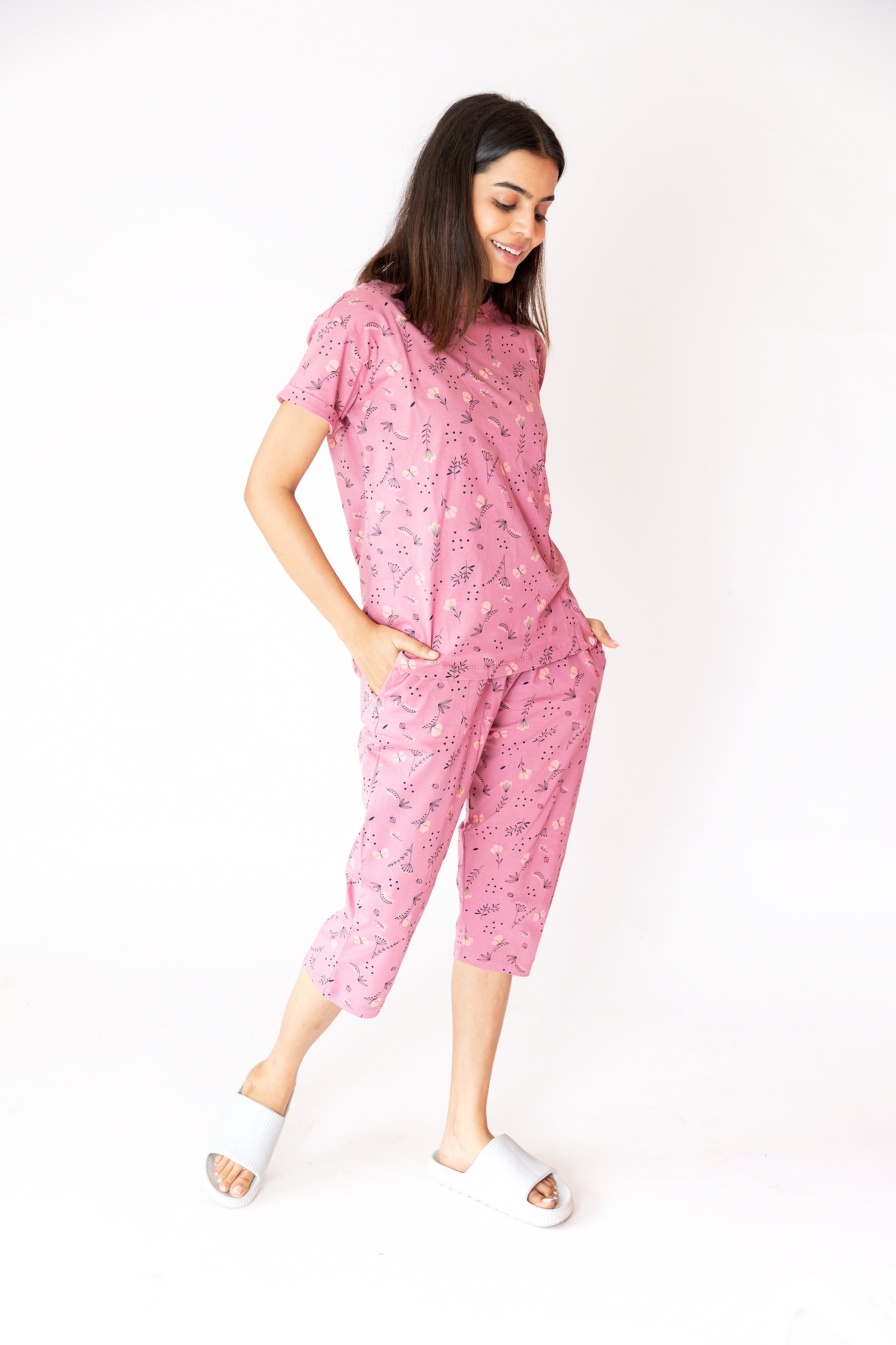 French Pink Floral Womens Nightwear Capri Set