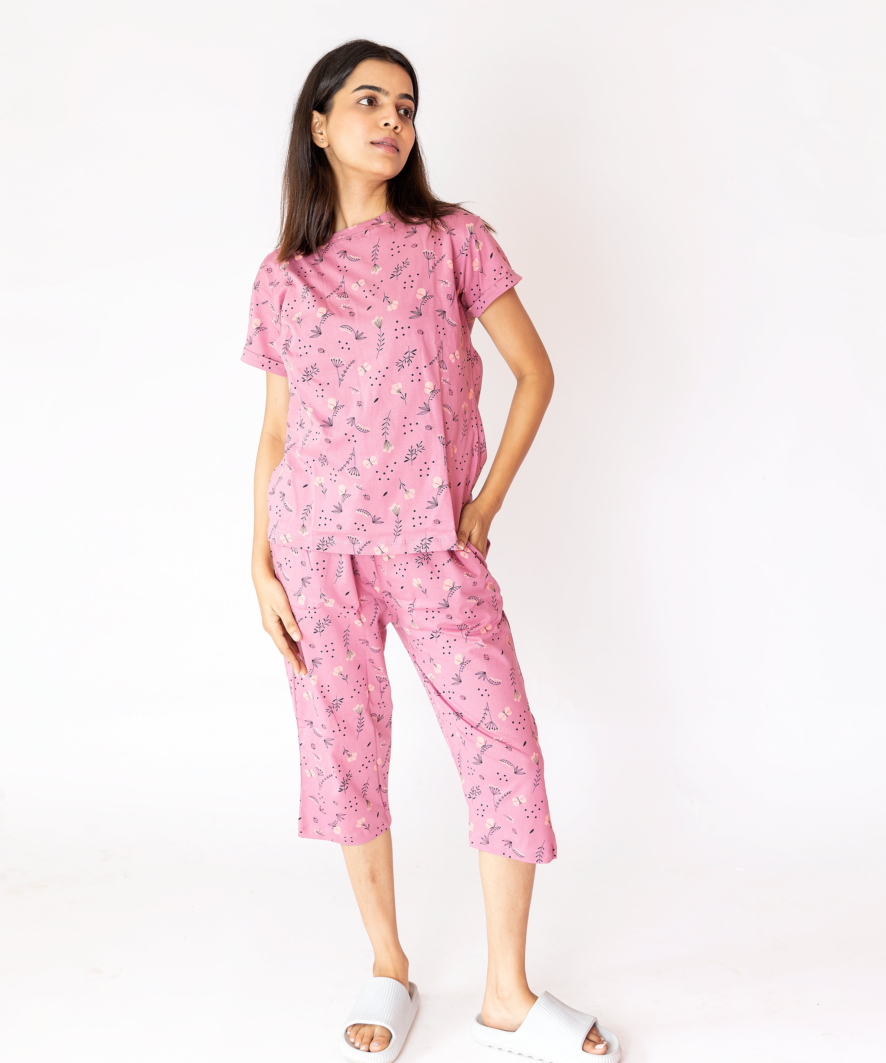 French Pink Floral Womens Nightwear Capri Set