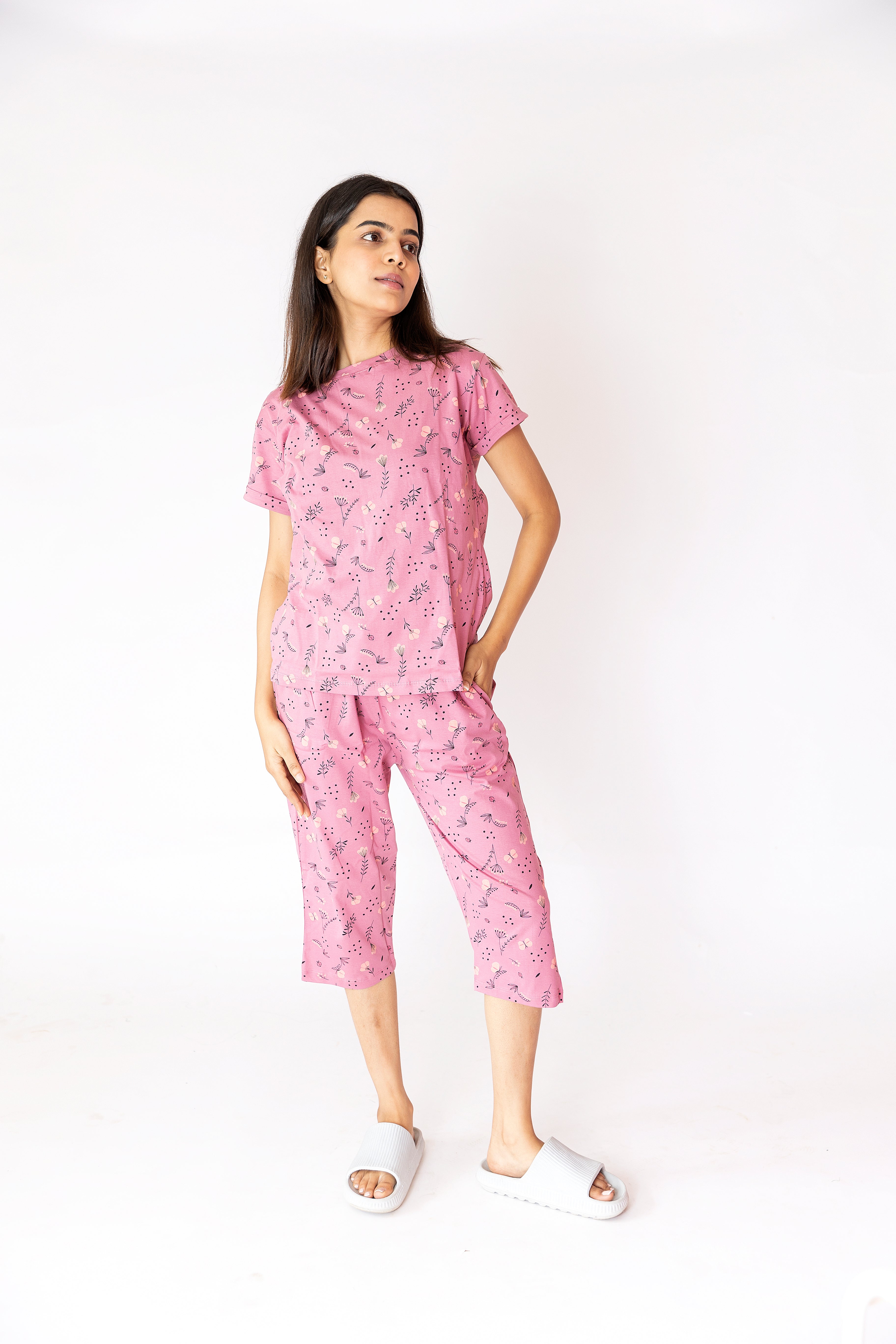 French Pink Floral Womens Nightwear Capri Set