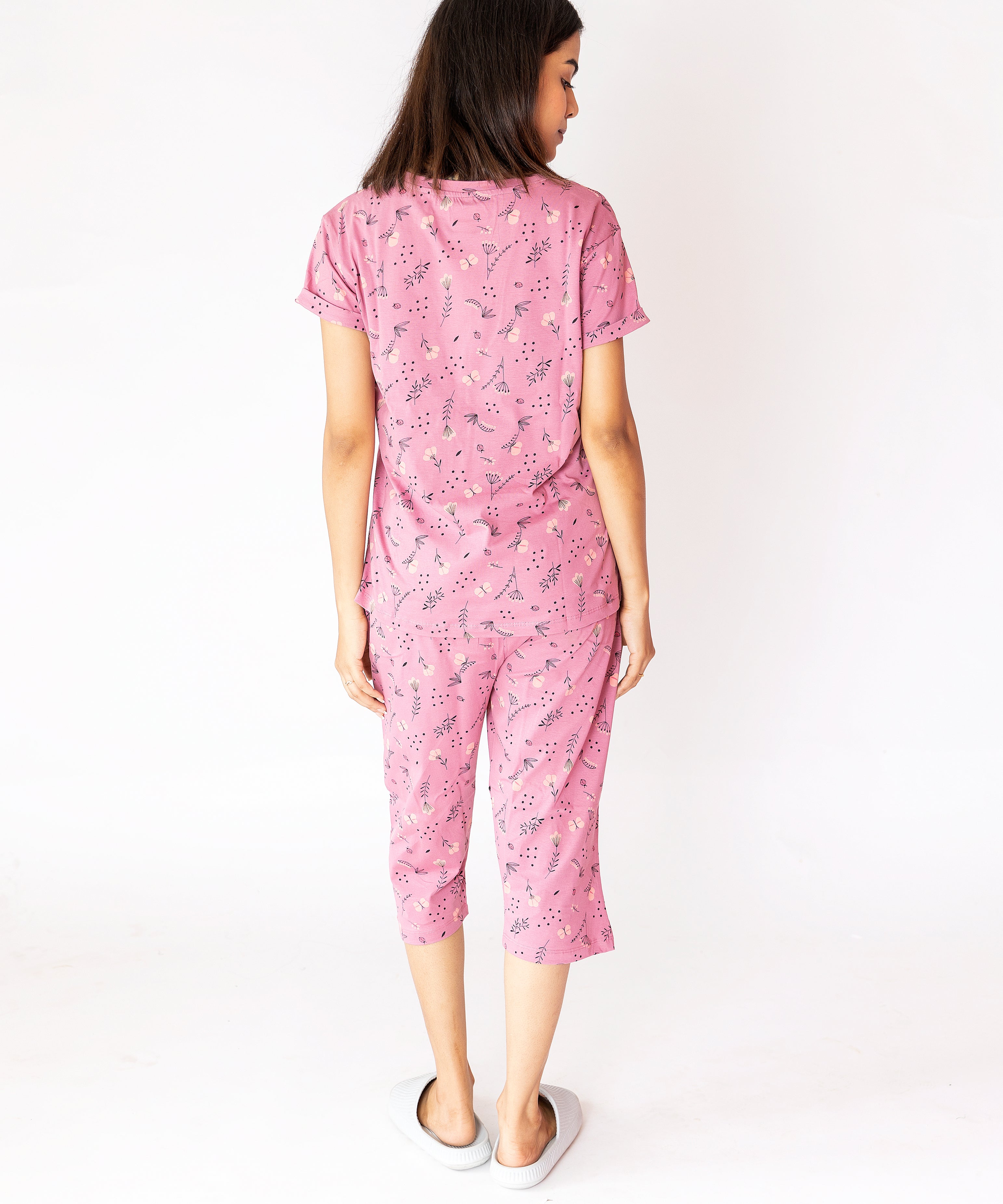 French Pink Floral Womens Nightwear Capri Set