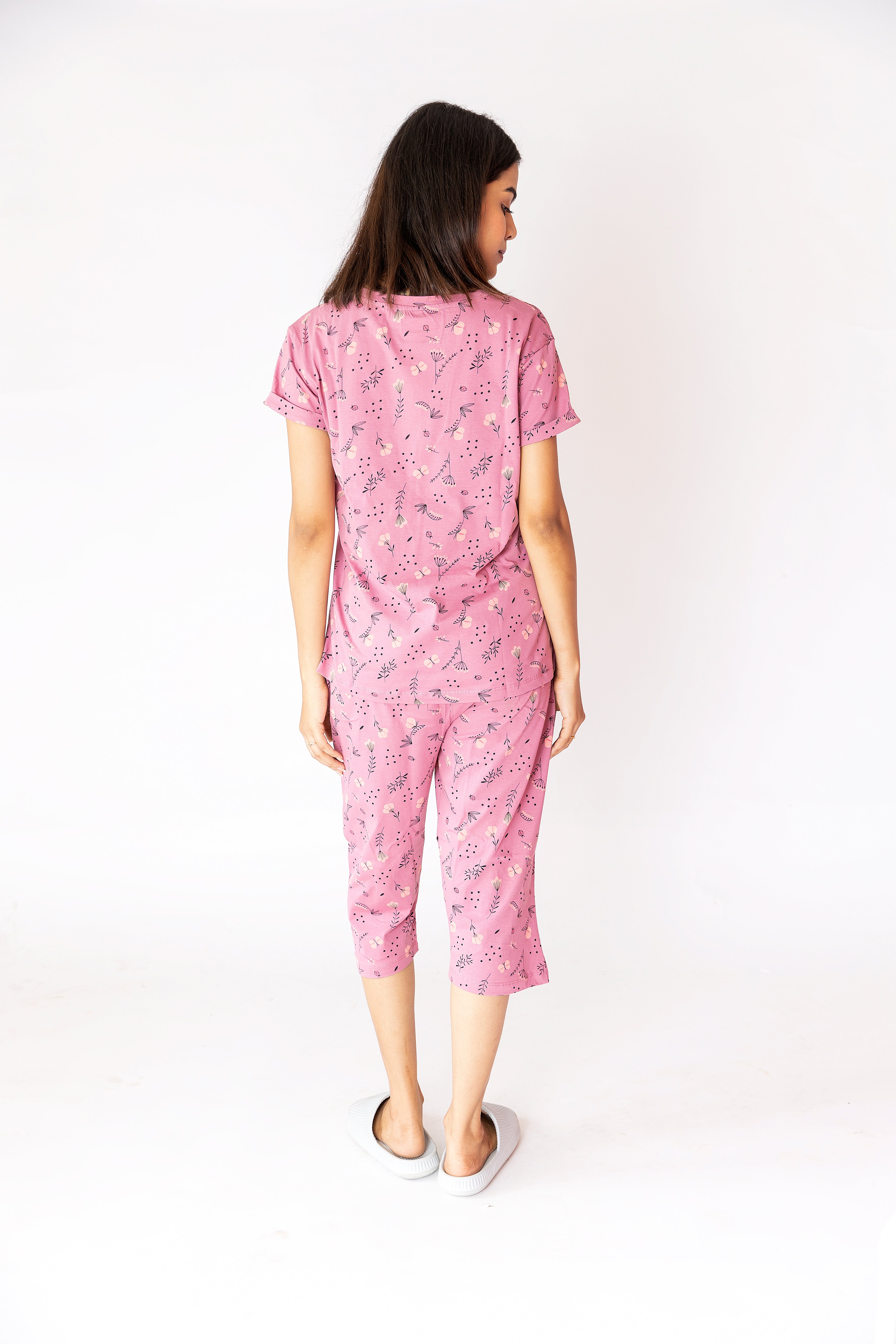 French Pink Floral Womens Nightwear Capri Set