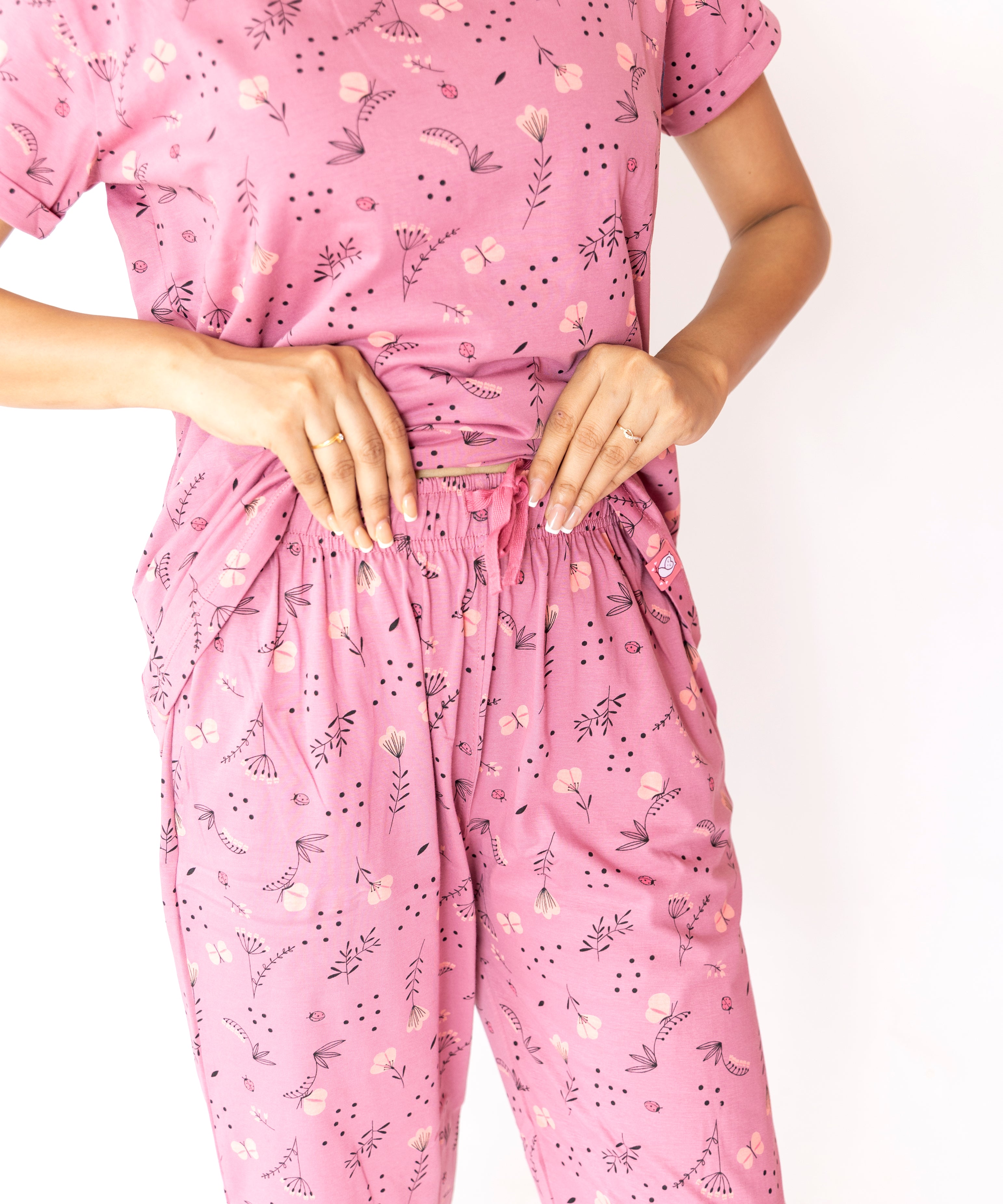 French Pink Floral Womens Nightwear Capri Set