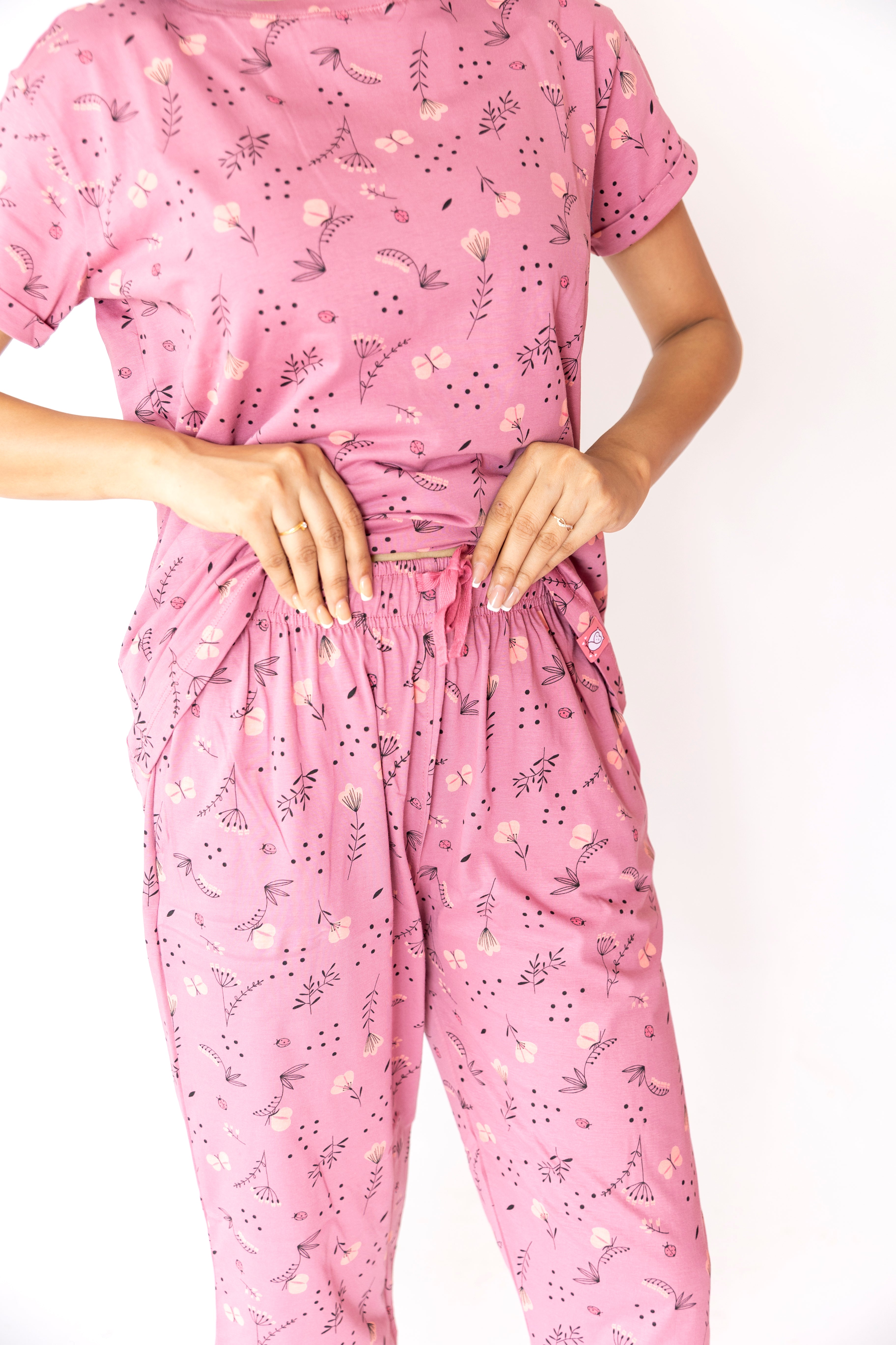 French Pink Floral Womens Nightwear Capri Set
