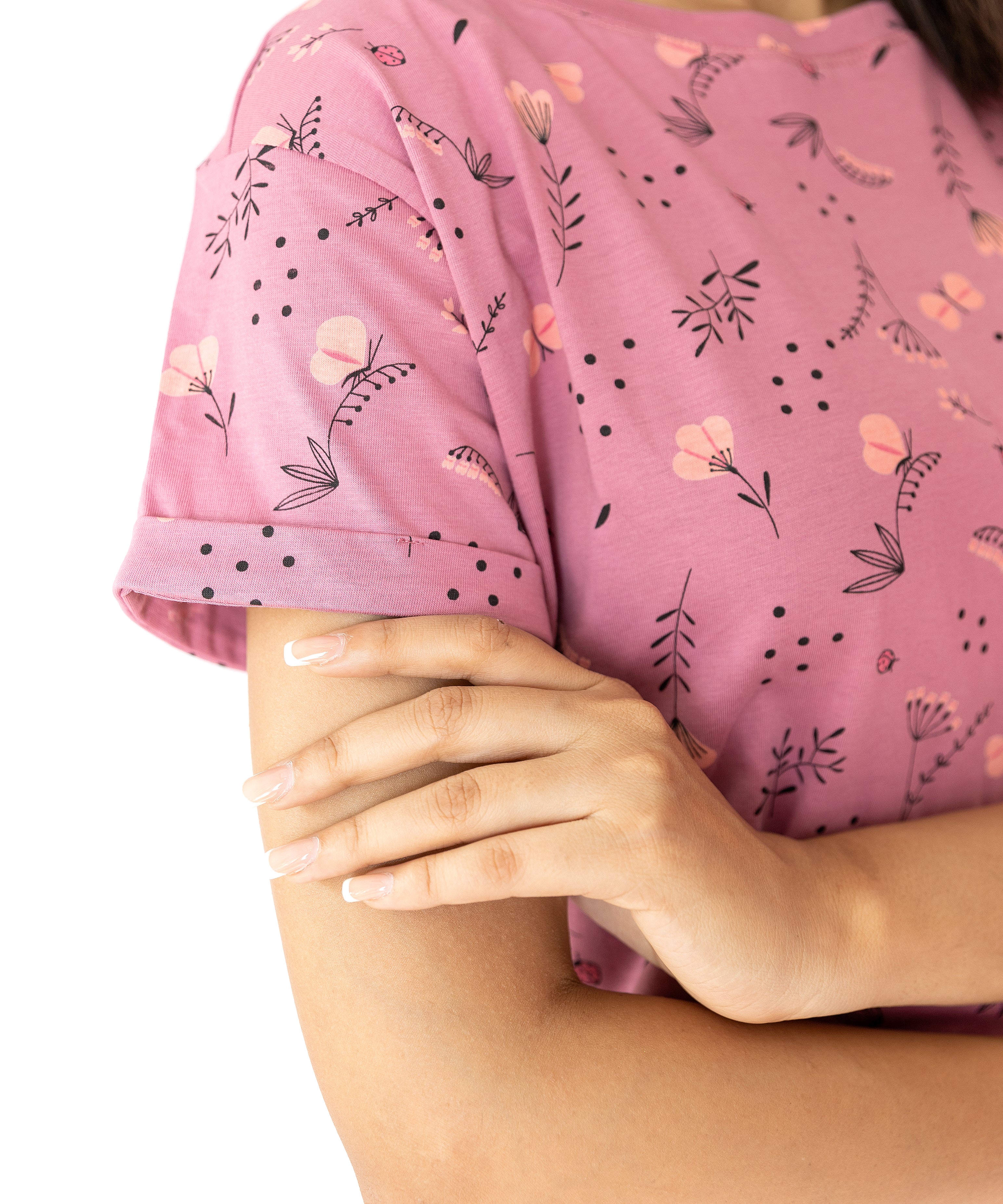 French Pink Floral Womens Nightwear Capri Set