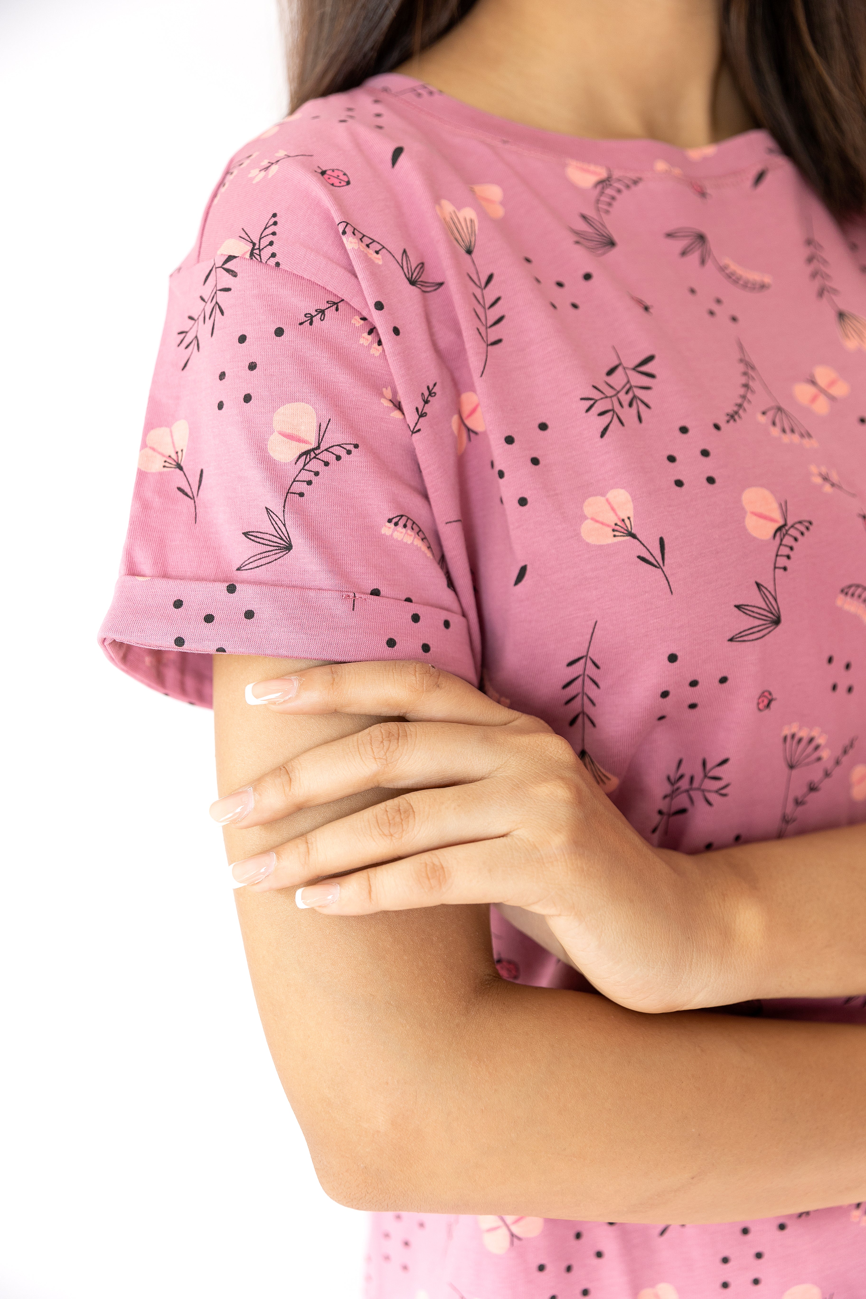 French Pink Floral Womens Nightwear Capri Set