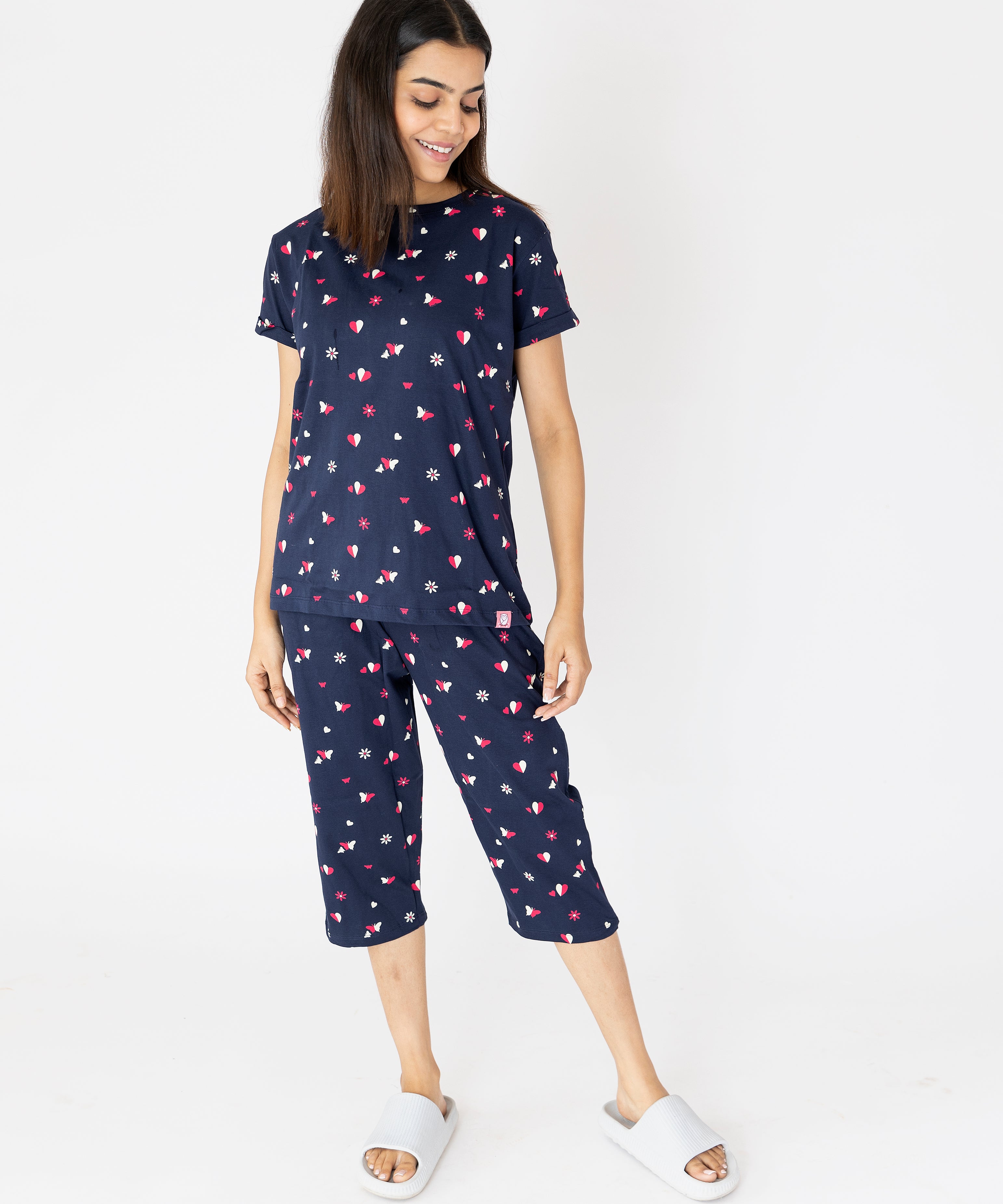 Hearts & Butterfly Print Navy Blue Womens Nightwear Capri Set