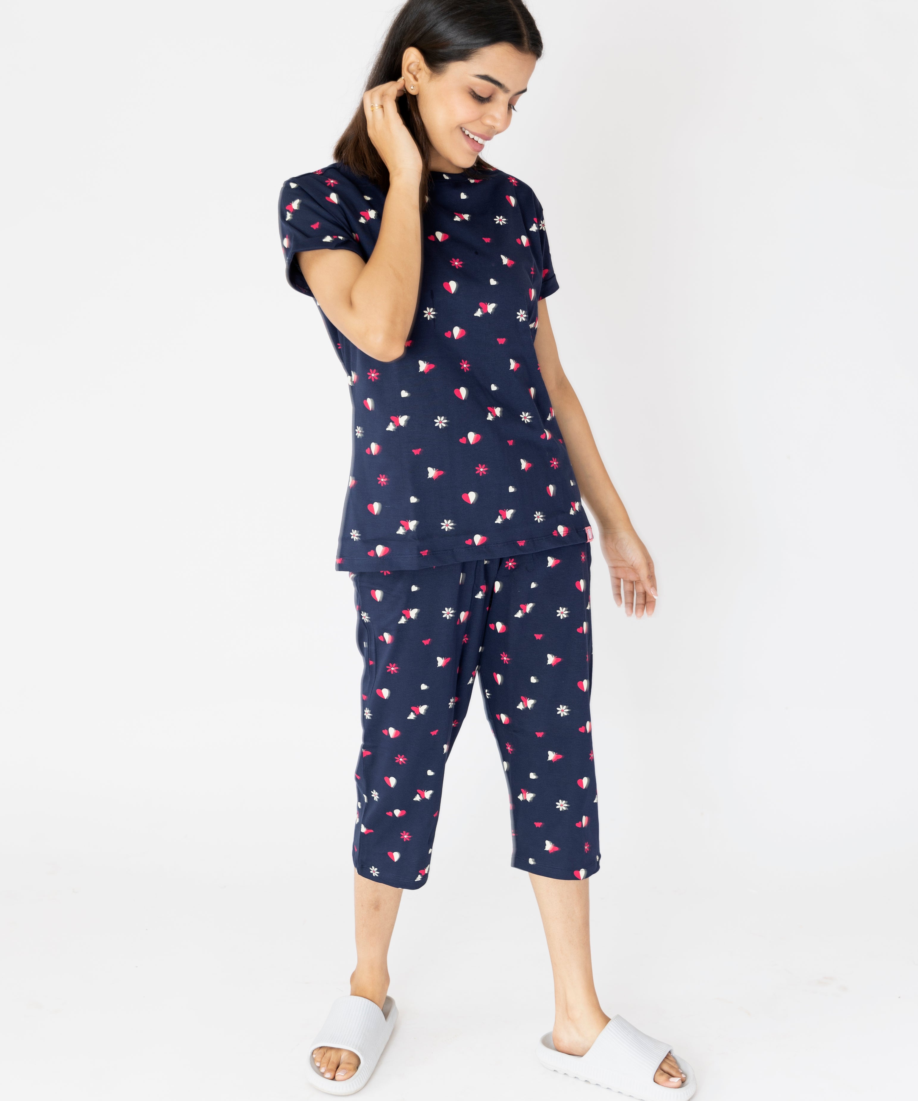 Hearts & Butterfly Print Navy Blue Womens Nightwear Capri Set