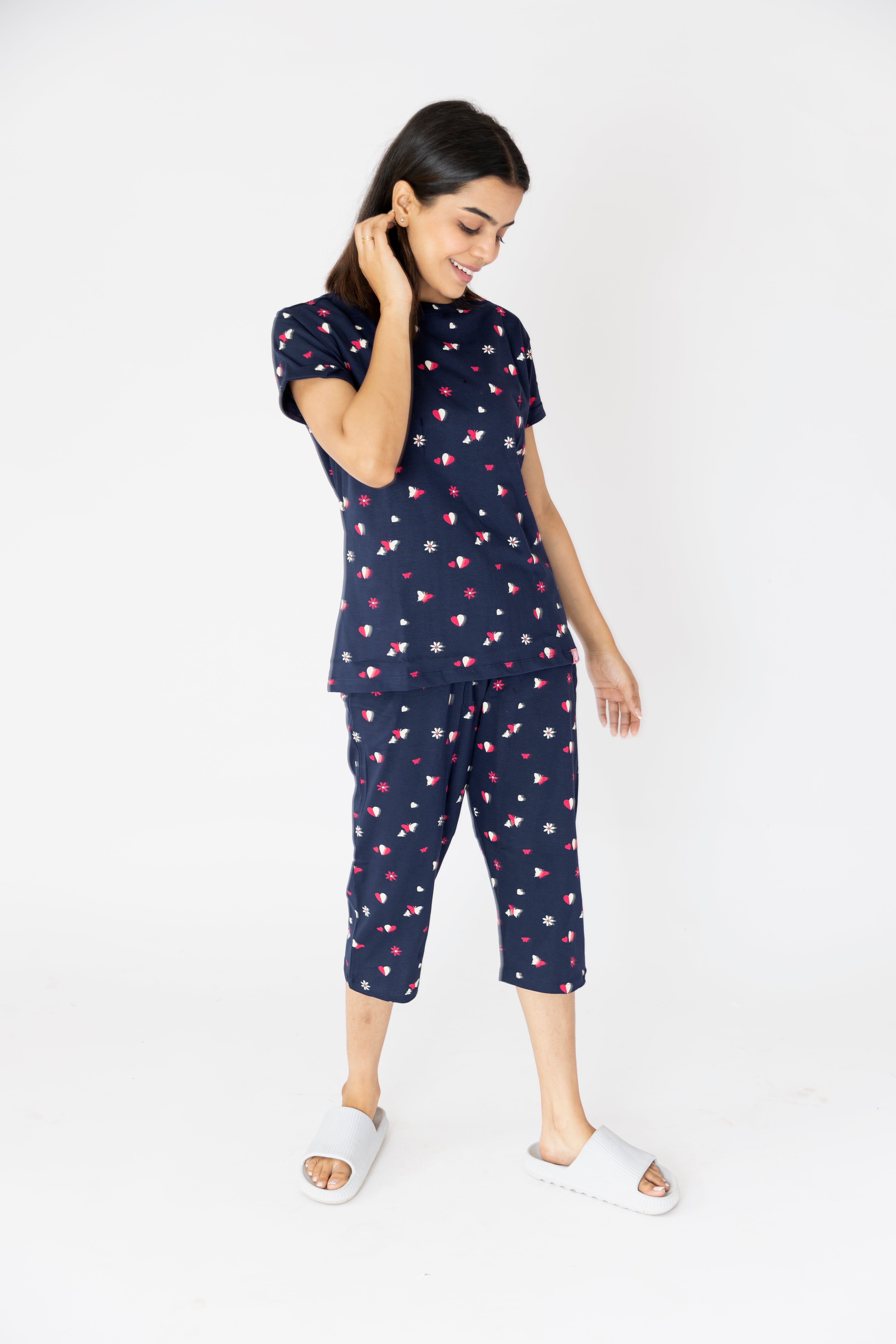Hearts & Butterfly Print Navy Blue Womens Nightwear Capri Set