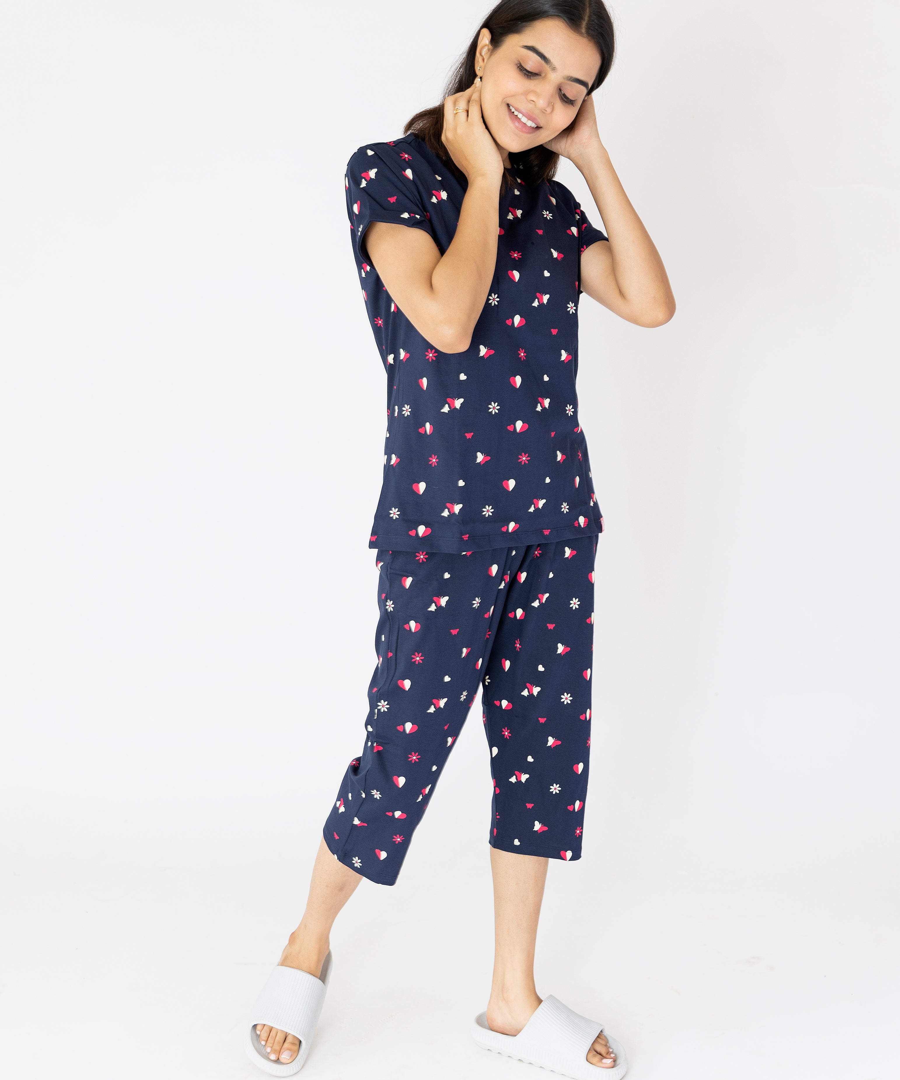 Hearts & Butterfly Print Navy Blue Womens Nightwear Capri Set