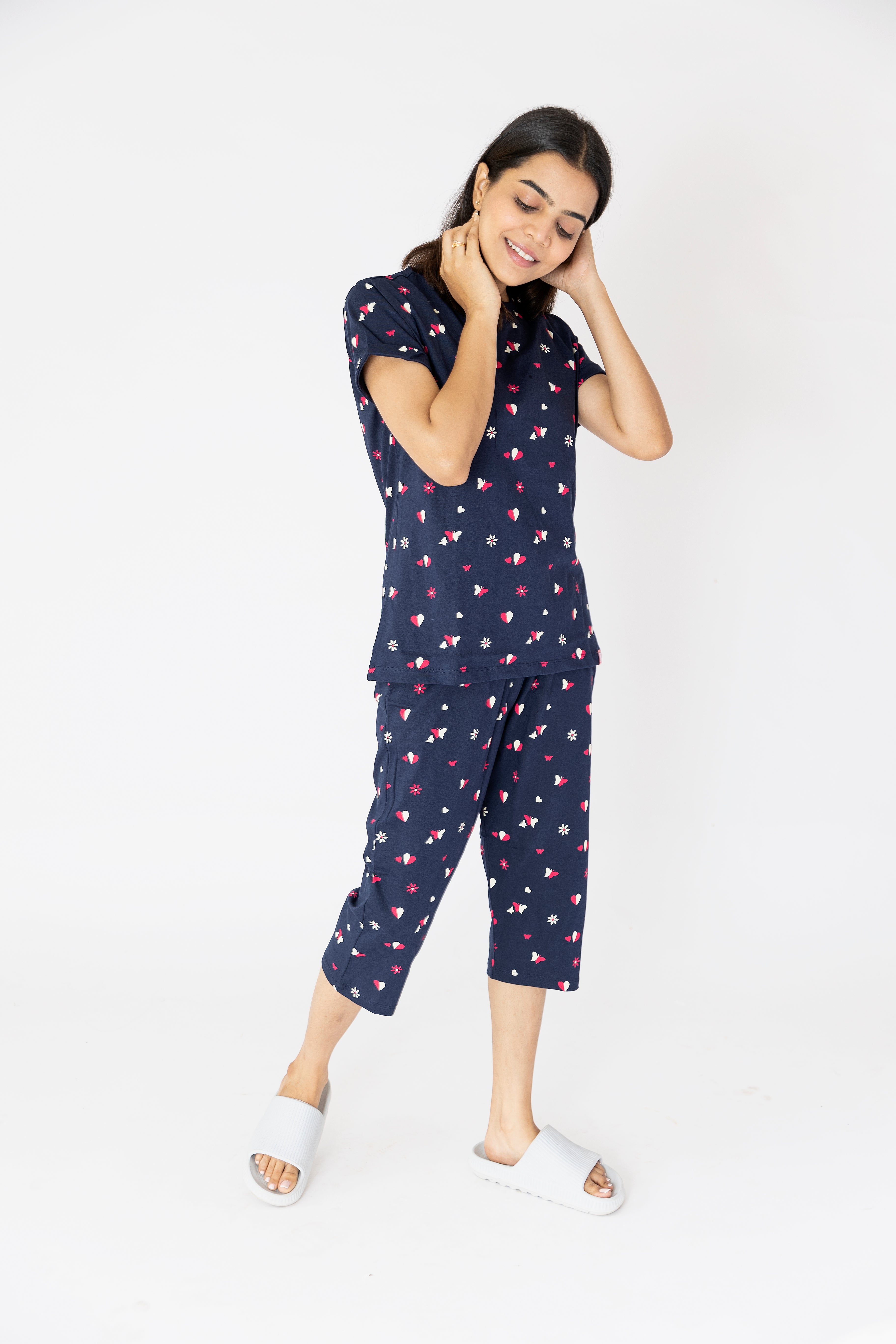 Hearts & Butterfly Print Navy Blue Womens Nightwear Capri Set