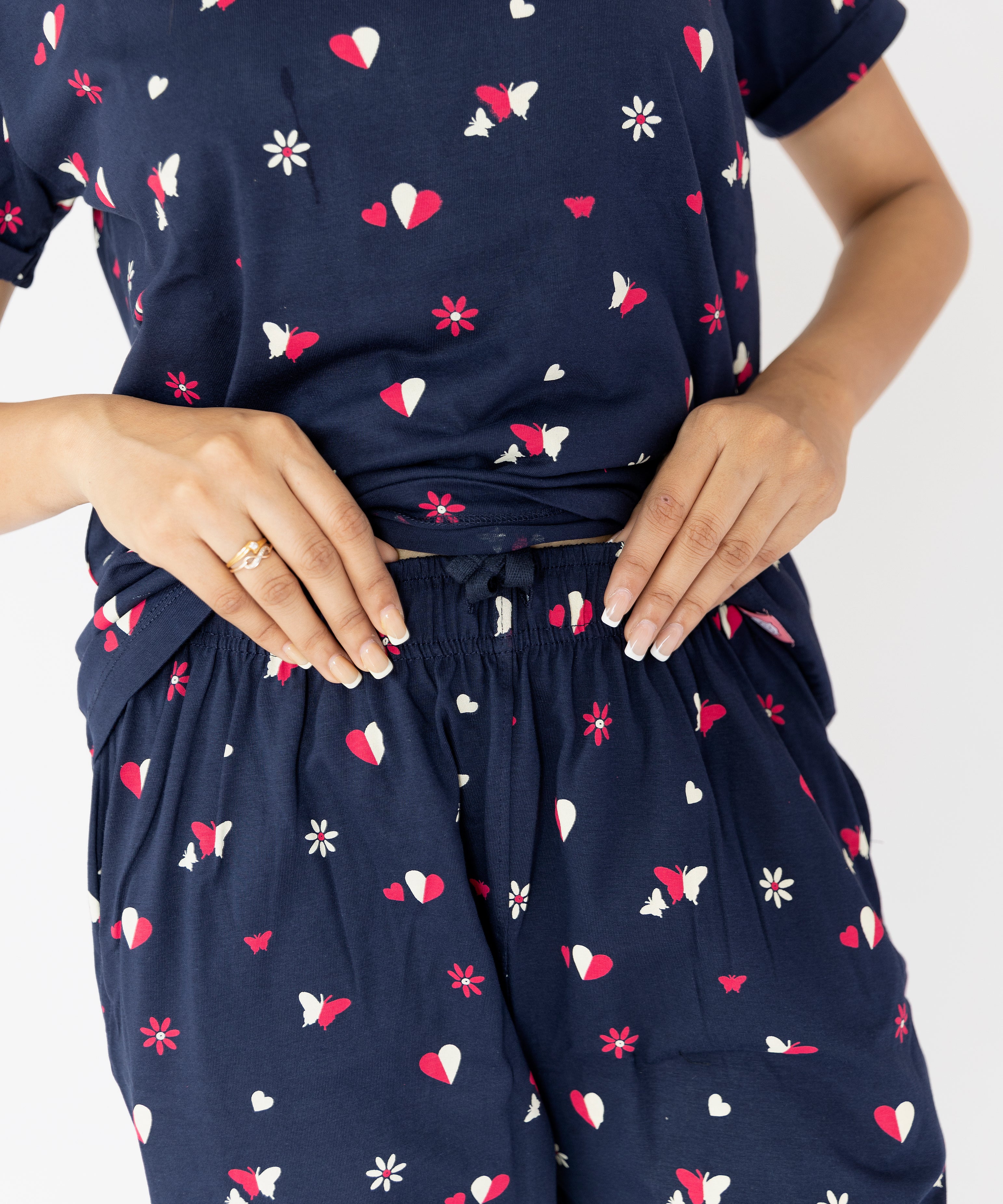Hearts & Butterfly Print Navy Blue Womens Nightwear Capri Set