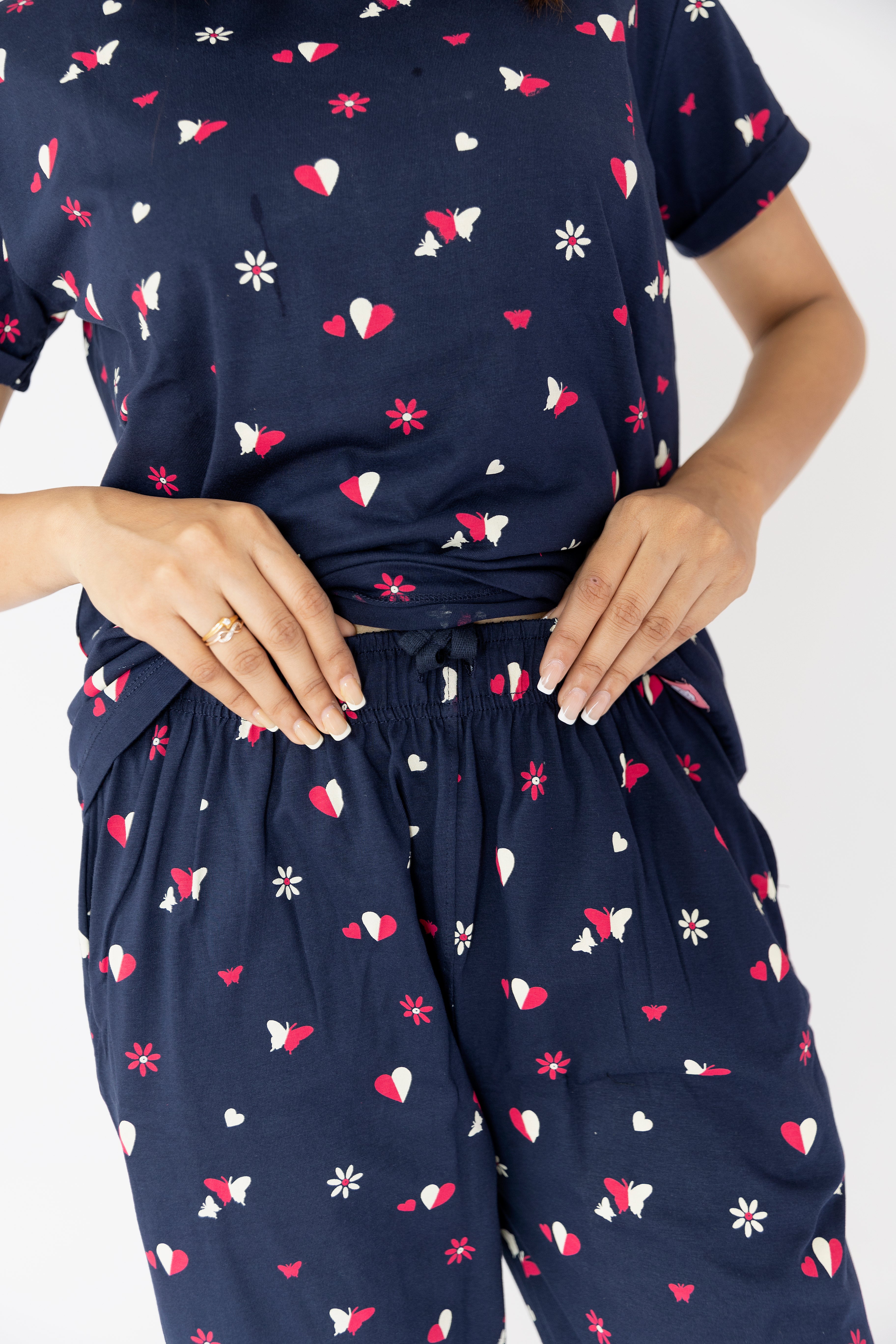Hearts & Butterfly Print Navy Blue Womens Nightwear Capri Set