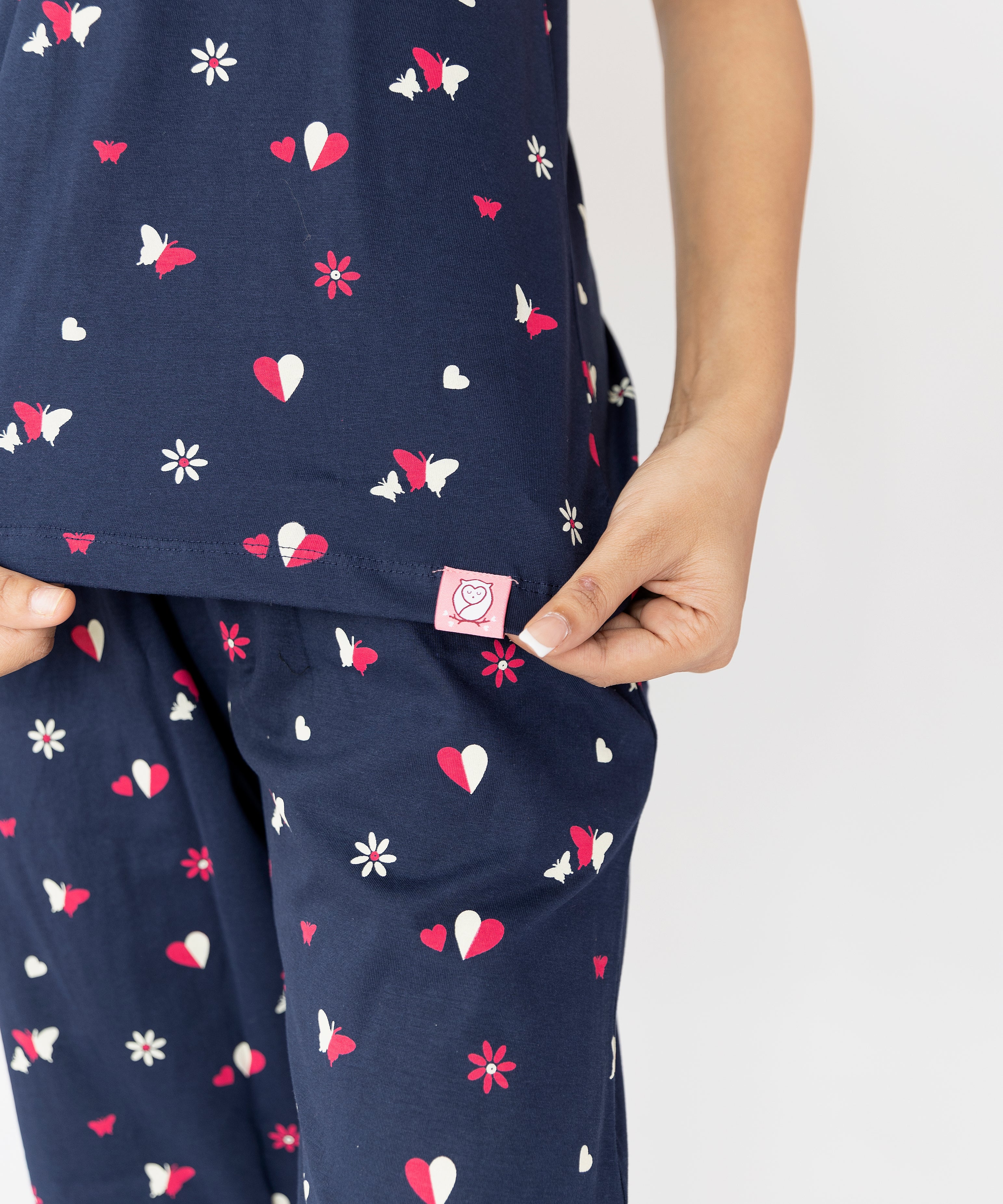 Hearts & Butterfly Print Navy Blue Womens Nightwear Capri Set