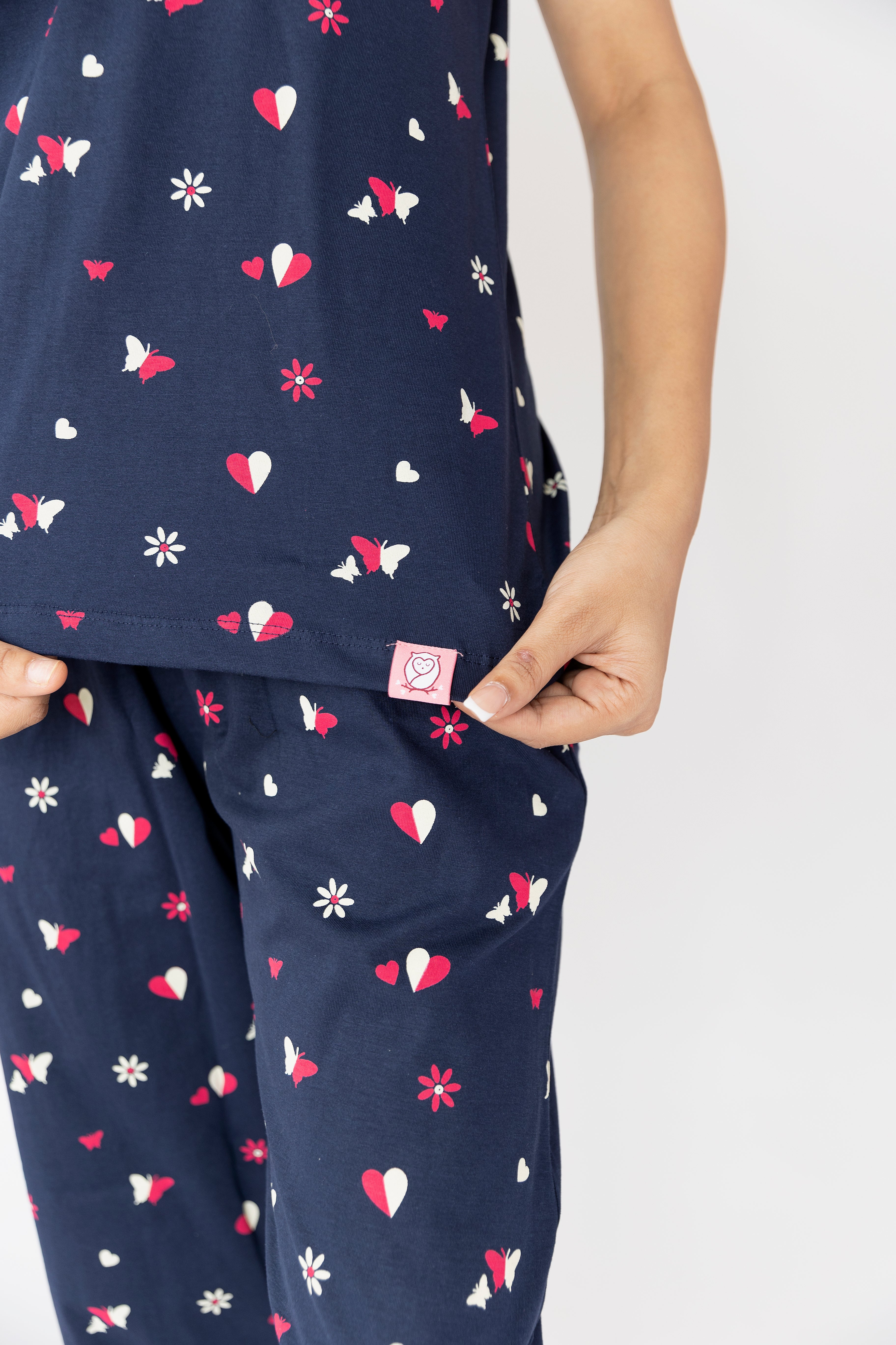 Hearts & Butterfly Print Navy Blue Womens Nightwear Capri Set